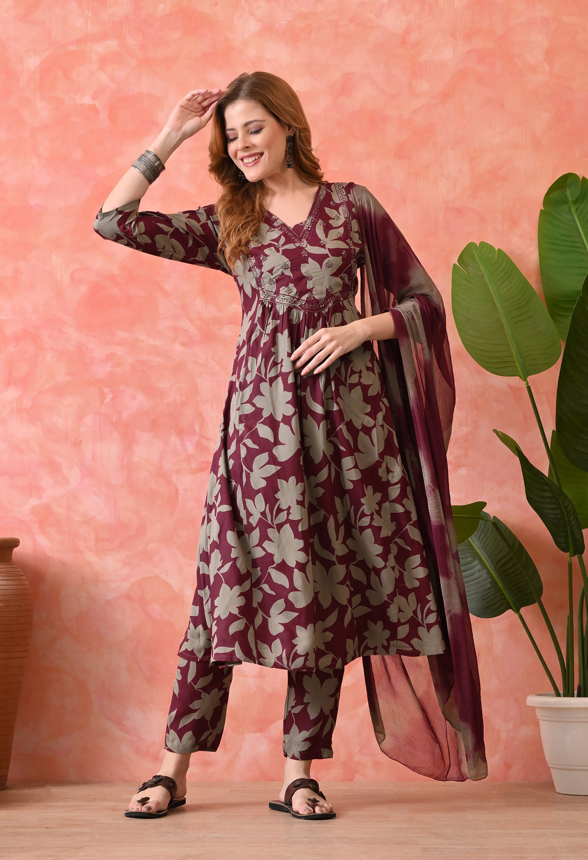 Women’s Maroon Floral Printed Kurta Set with Pants and Dupatta – 3-Piece Ethnic Wear Suit