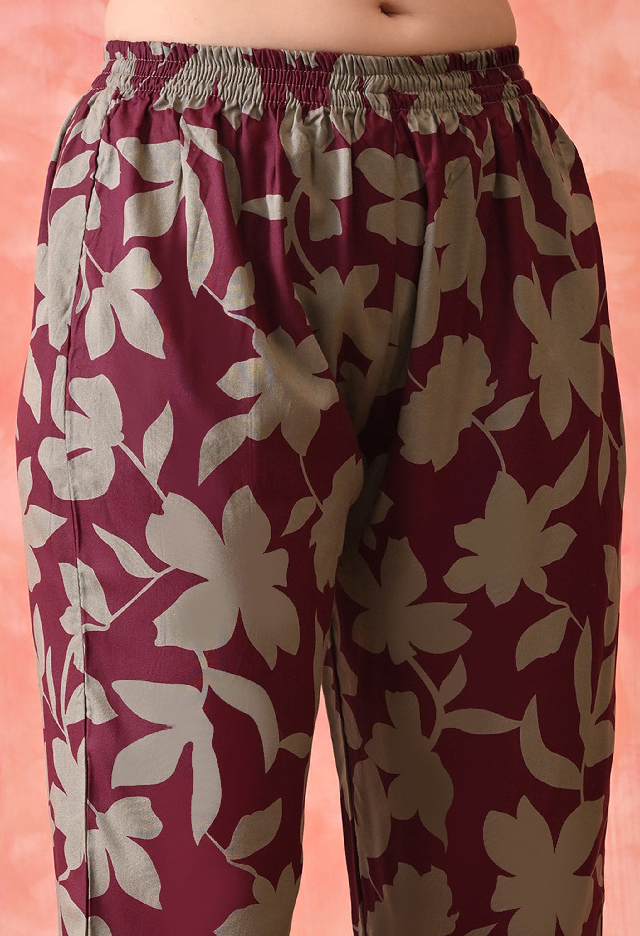 Women’s Maroon Floral Printed Kurta Set with Pants and Dupatta – 3-Piece Ethnic Wear Suit