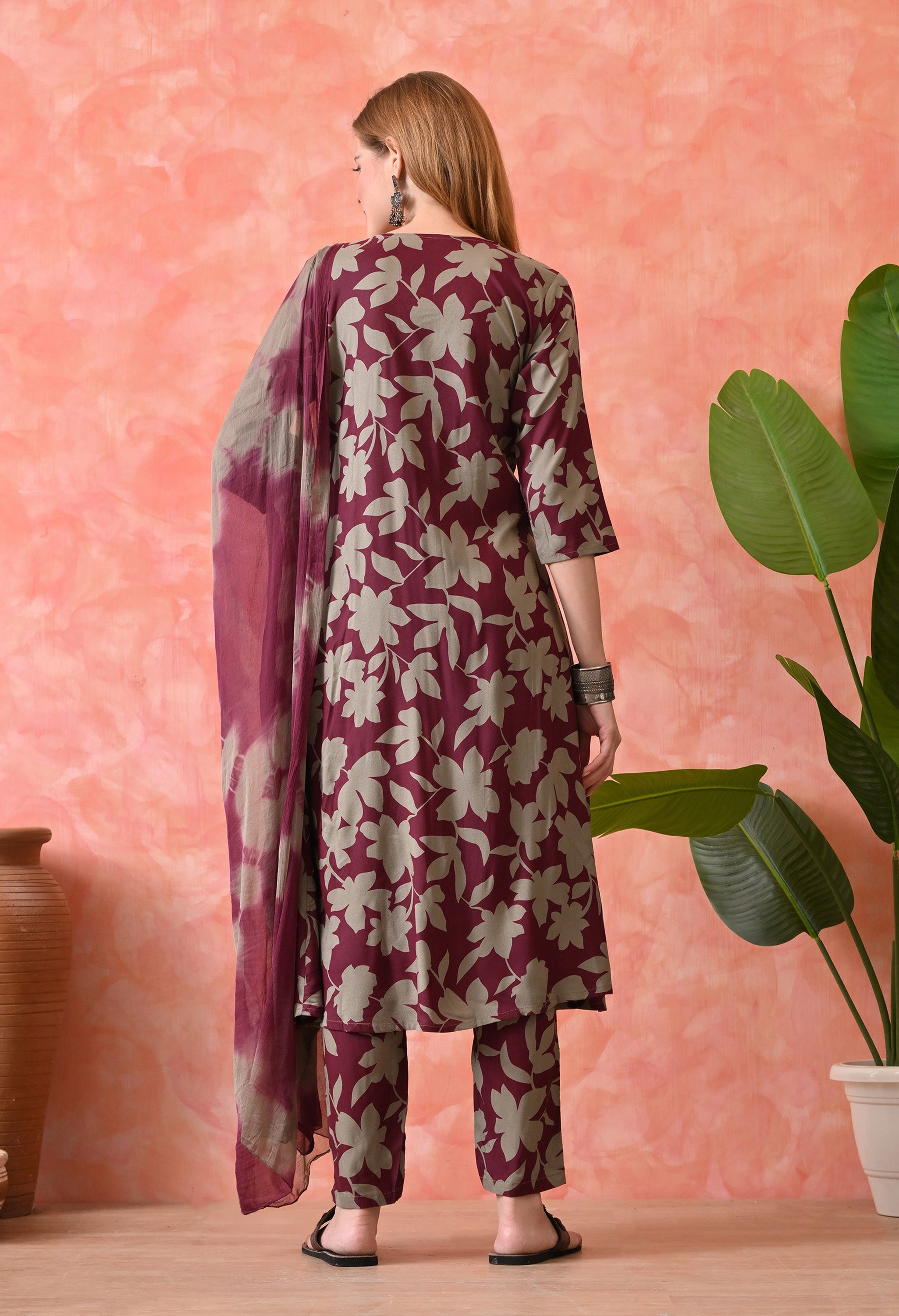 Women’s Maroon Floral Printed Kurta Set with Pants and Dupatta – 3-Piece Ethnic Wear Suit