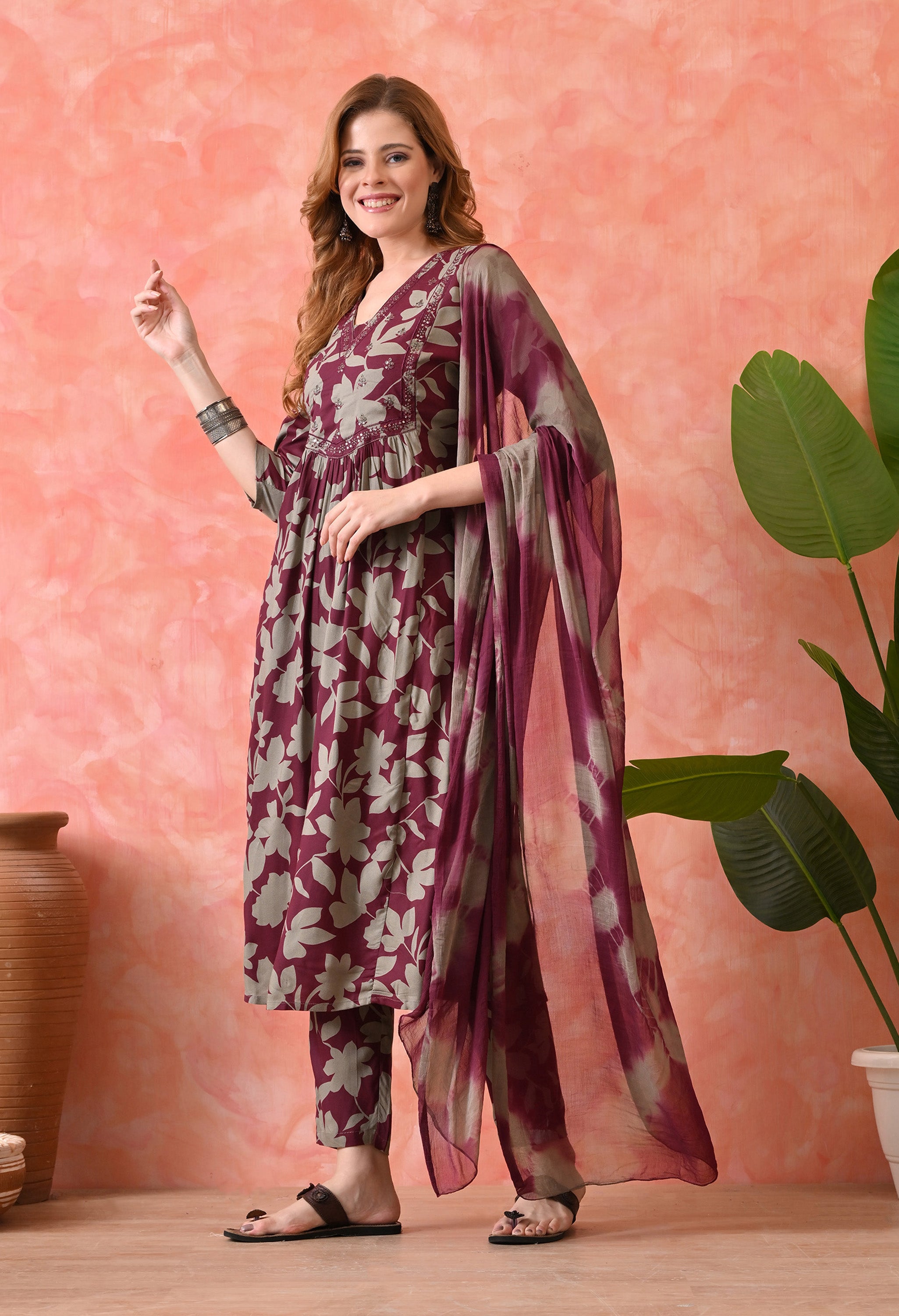 Women’s Maroon Floral Printed Kurta Set with Pants and Dupatta – 3-Piece Ethnic Wear Suit