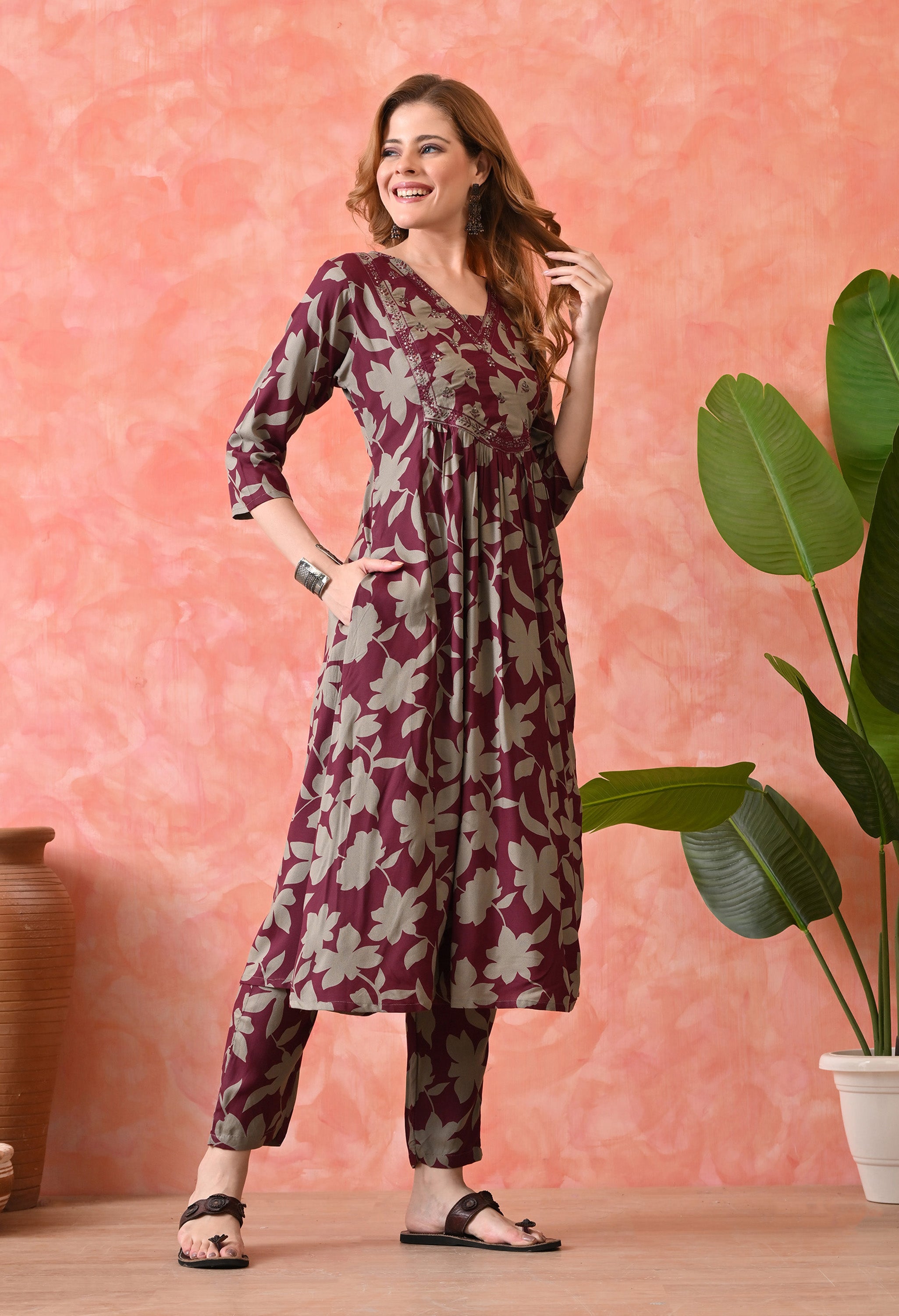 Women’s Maroon Floral Printed Kurta Set with Pants and Dupatta – 3-Piece Ethnic Wear Suit