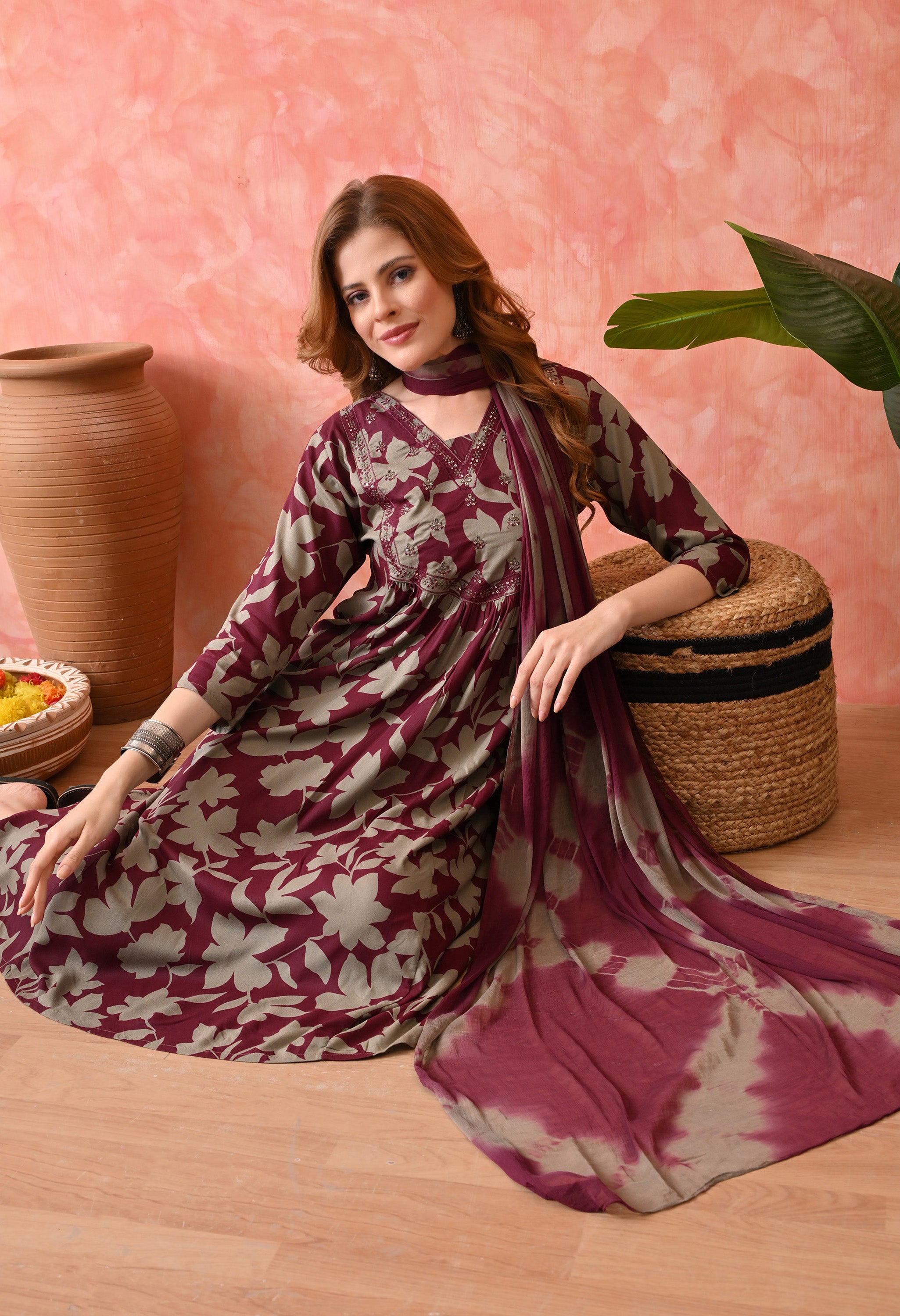 Women’s Maroon Floral Printed Kurta Set with Pants and Dupatta – 3-Piece Ethnic Wear Suit