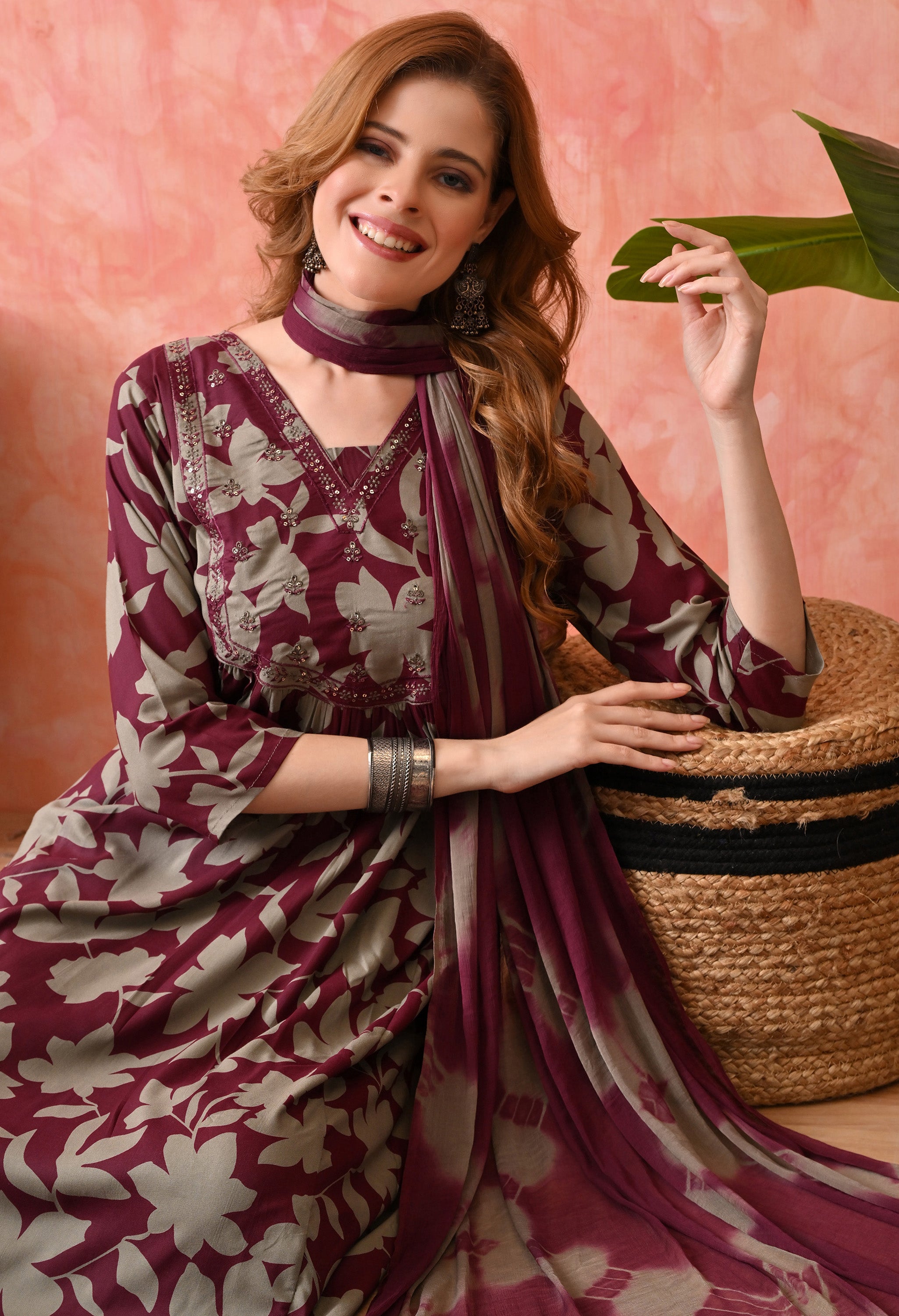 Women’s Maroon Floral Printed Kurta Set with Pants and Dupatta – 3-Piece Ethnic Wear Suit