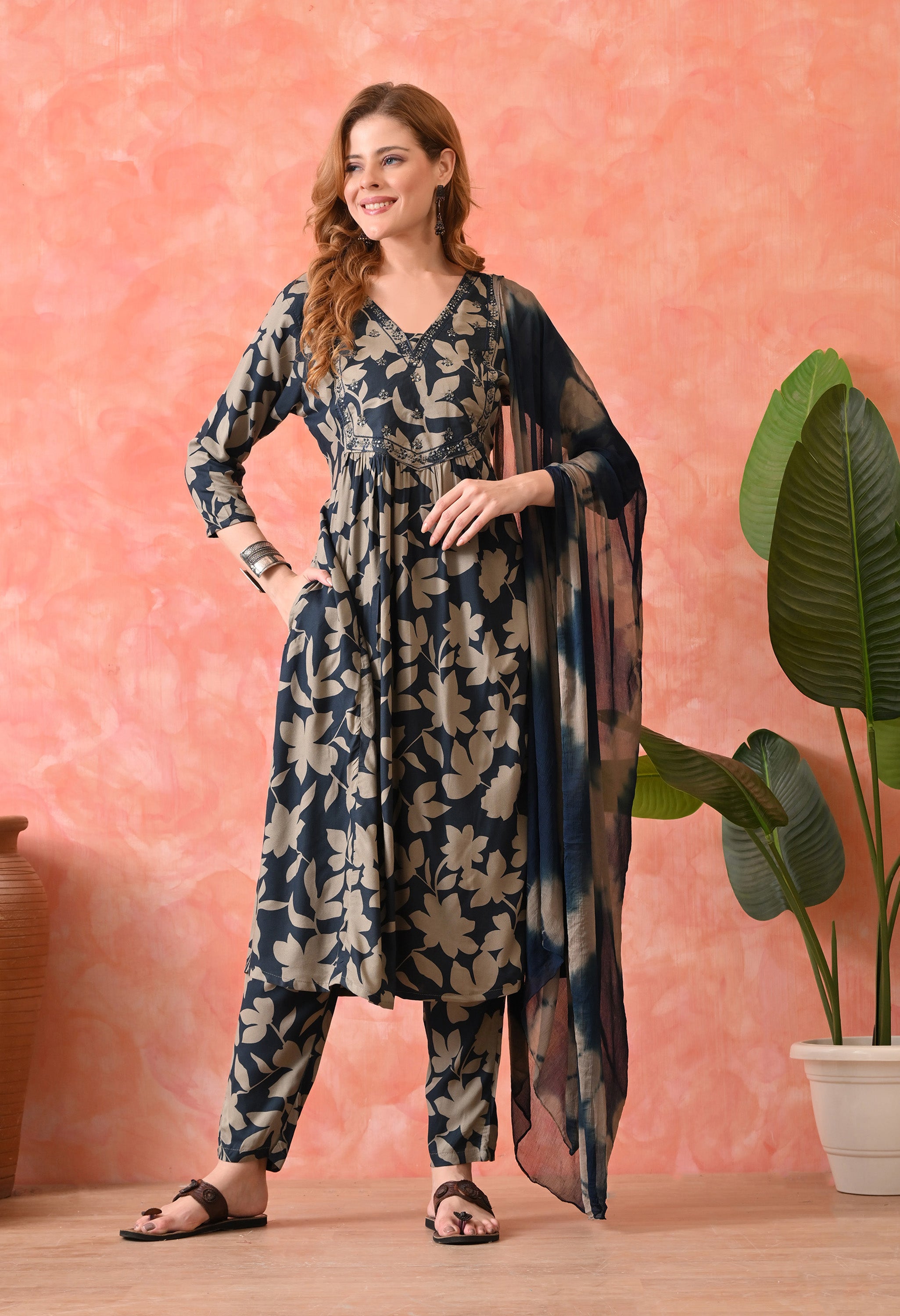 Women’s Floral Navy Blue Kurta Set with Pants and Dupatta – 3-Piece Ethnic Wear Suit