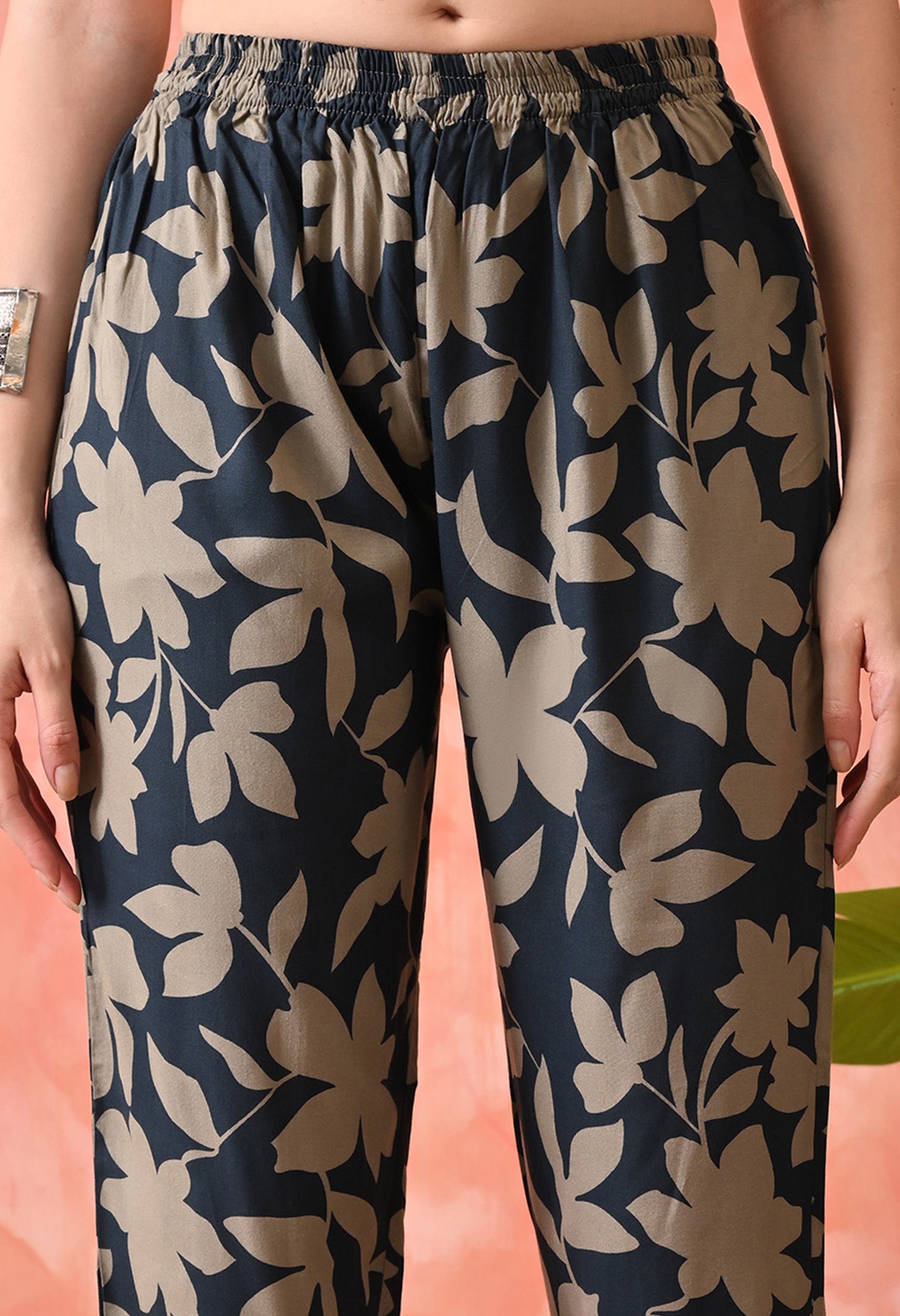 Women’s Floral Navy Blue Kurta Set with Pants and Dupatta – 3-Piece Ethnic Wear Suit