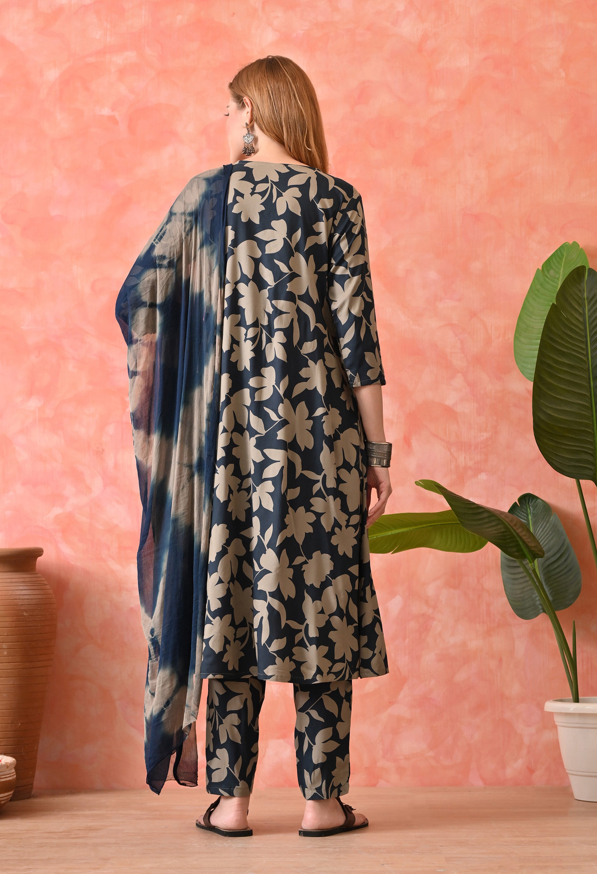 Women’s Floral Navy Blue Kurta Set with Pants and Dupatta – 3-Piece Ethnic Wear Suit