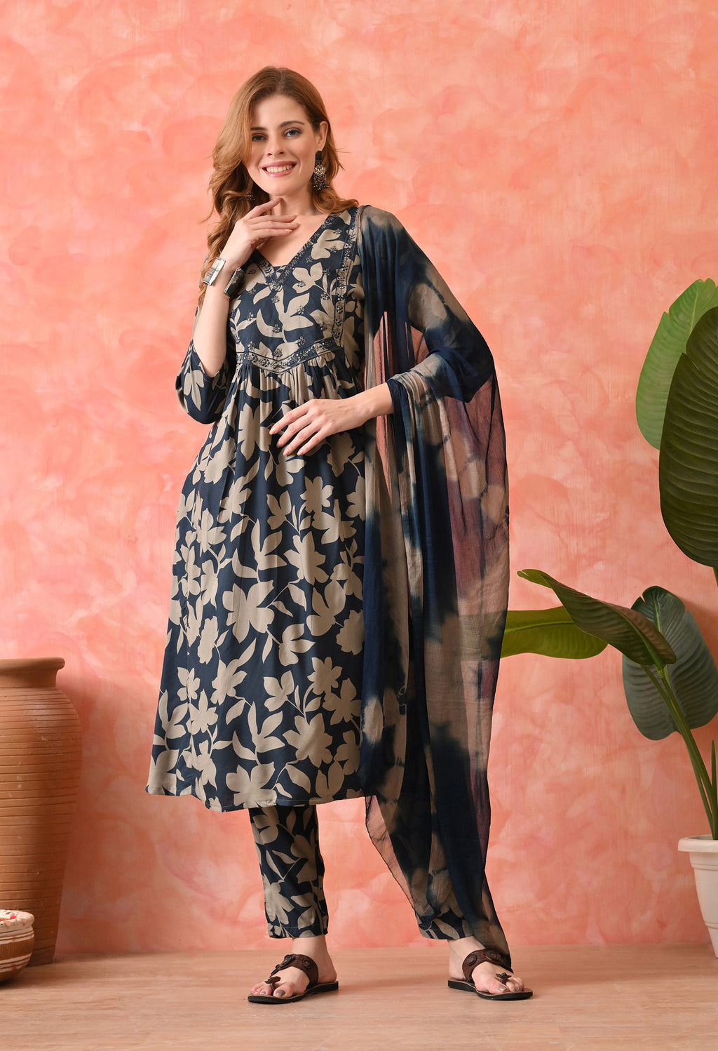 Women’s Floral Navy Blue Kurta Set with Pants and Dupatta – 3-Piece Ethnic Wear Suit