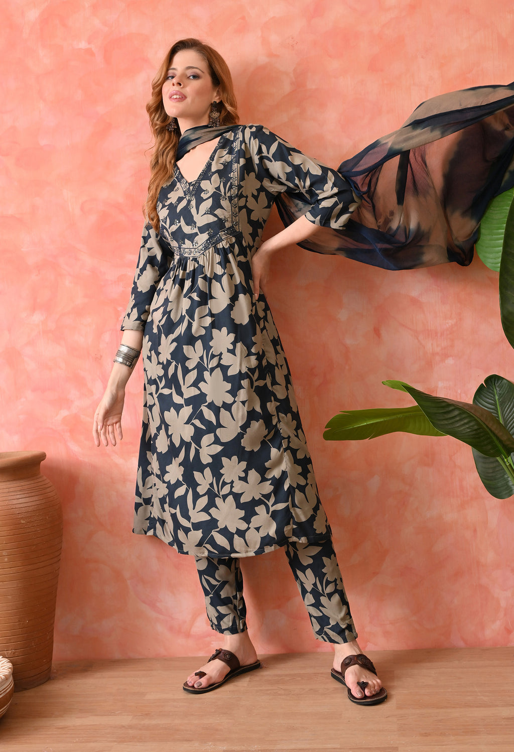 Women’s Floral Navy Blue Kurta Set with Pants and Dupatta – 3-Piece Ethnic Wear Suit