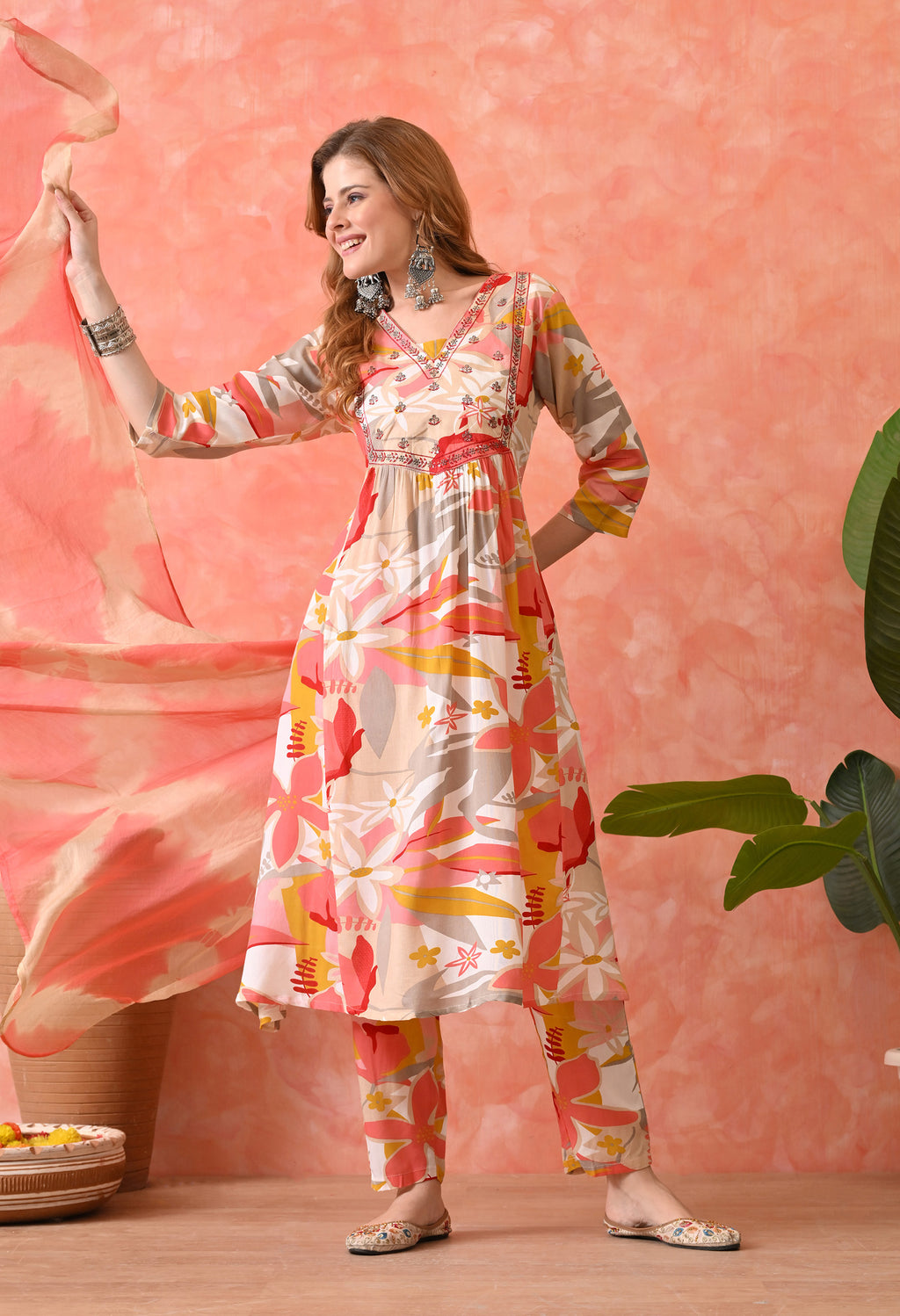 Women’s  Floral Printed Gajri Kurta Set with Pants and Dupatta – 3-Piece Ethnic Wear Suit