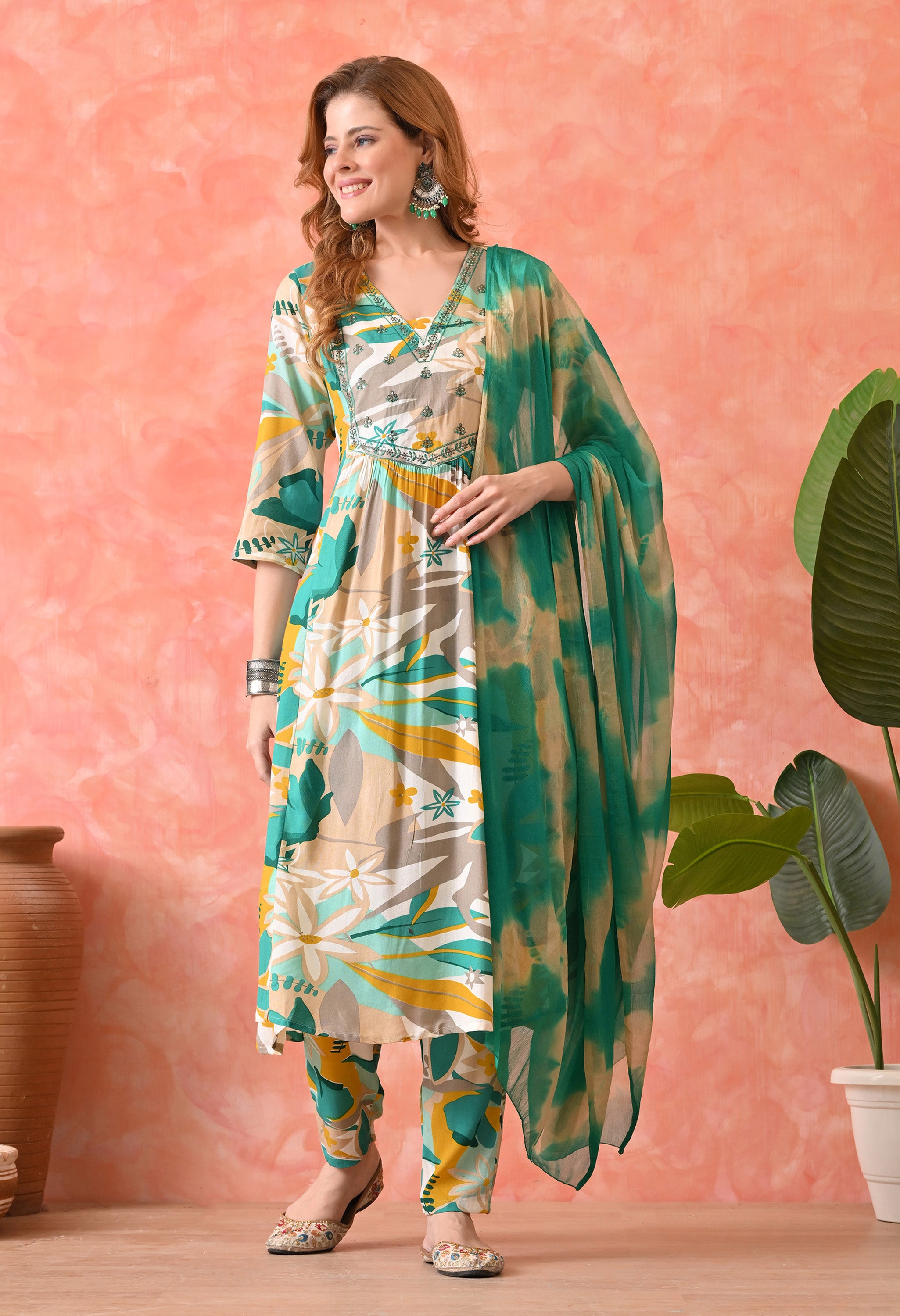 Women’s  Floral Printed Rama Kurta Set with Pants and Dupatta – 3-Piece Ethnic Wear Suit