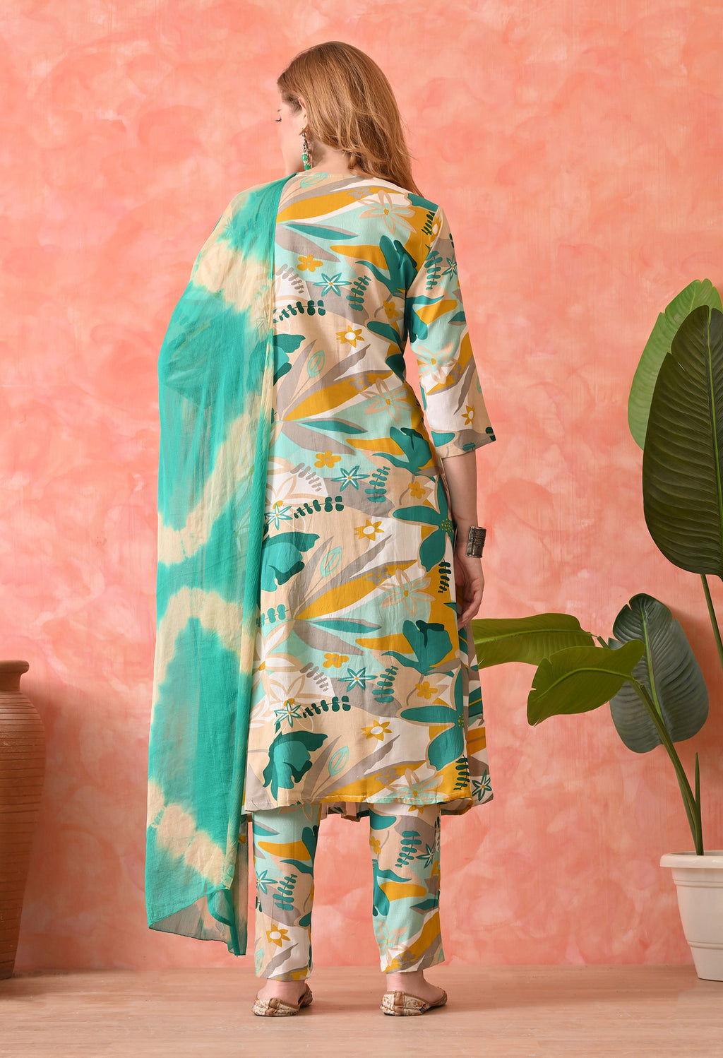 Women’s  Floral Printed Rama Kurta Set with Pants and Dupatta – 3-Piece Ethnic Wear Suit