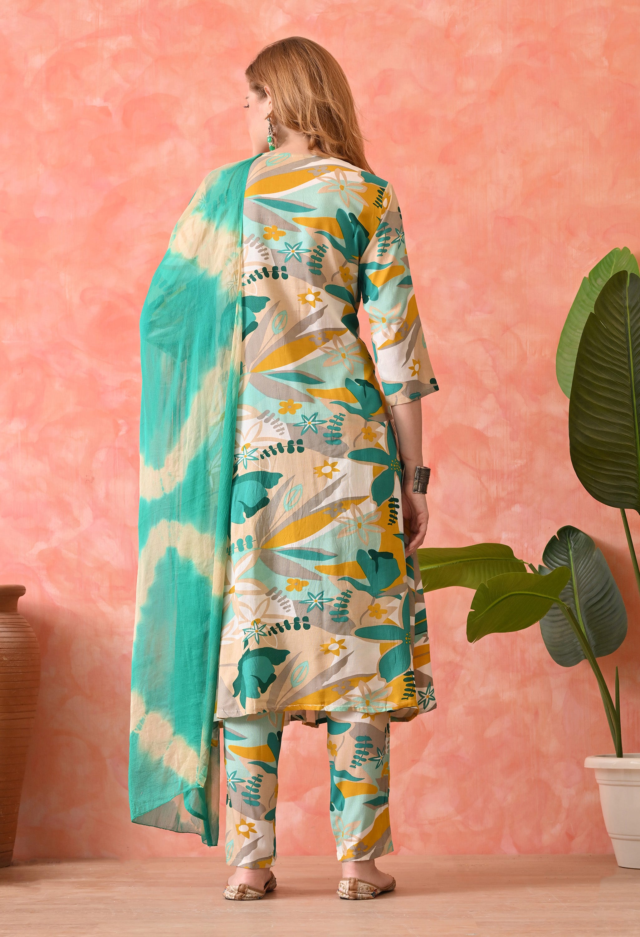 Women’s  Floral Printed Rama Kurta Set with Pants and Dupatta – 3-Piece Ethnic Wear Suit