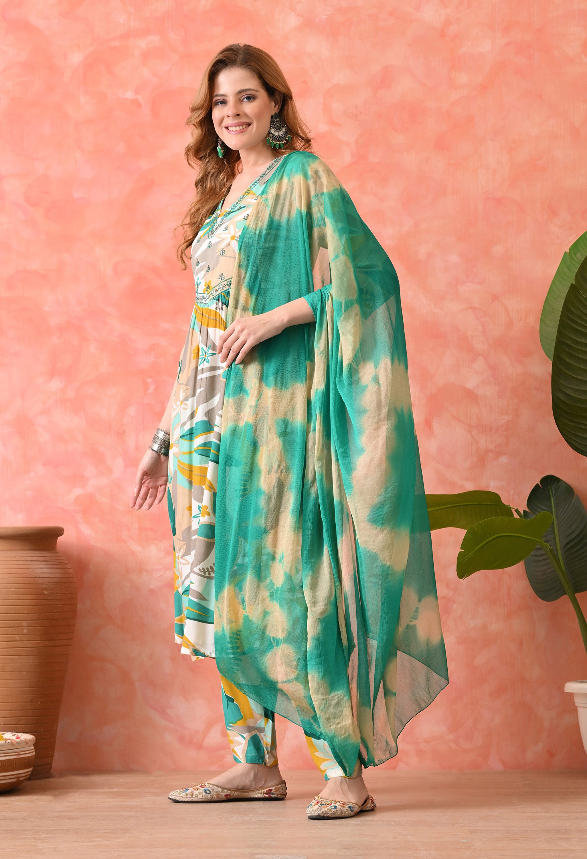 Women’s  Floral Printed Rama Kurta Set with Pants and Dupatta – 3-Piece Ethnic Wear Suit