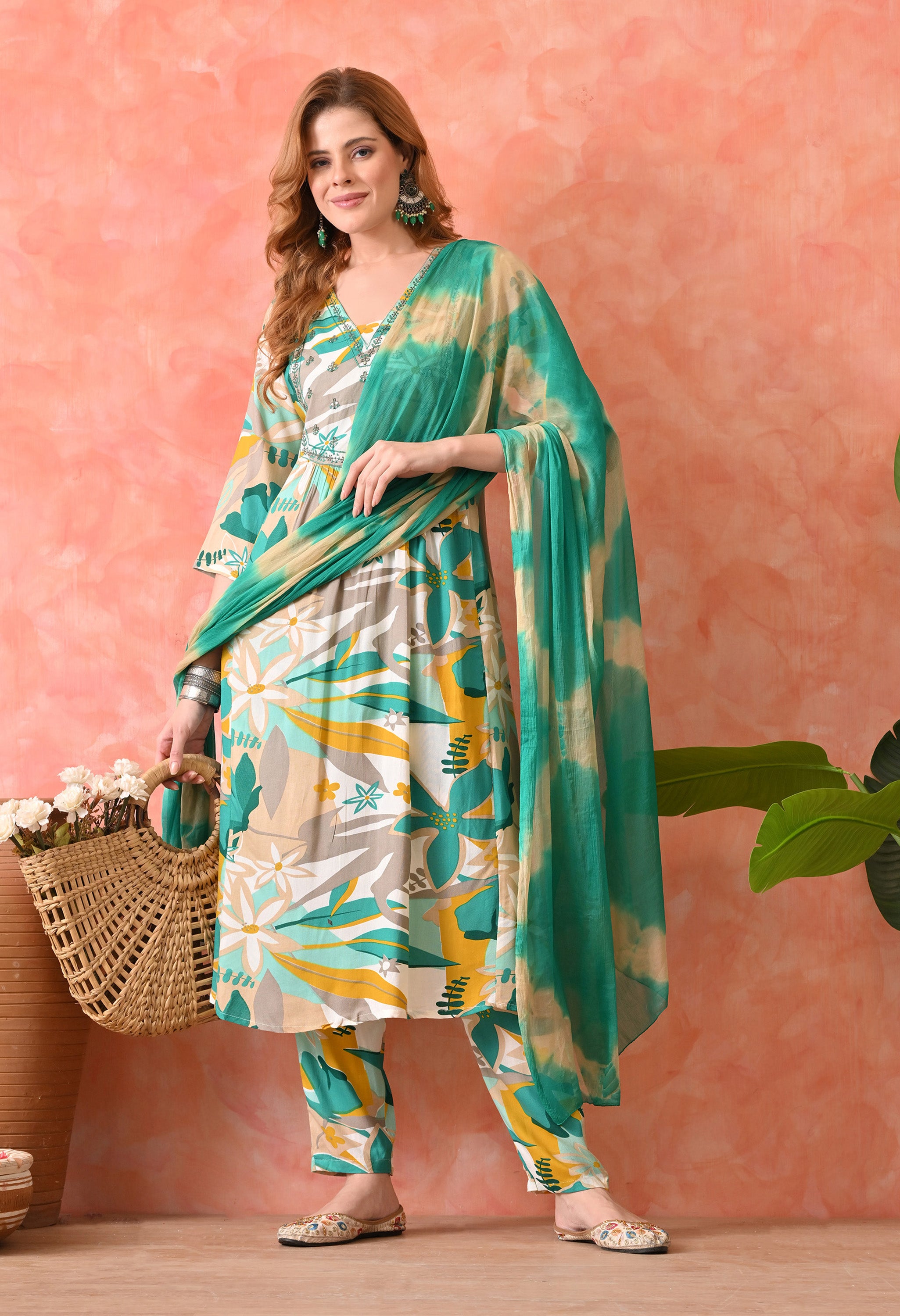 Women’s  Floral Printed Rama Kurta Set with Pants and Dupatta – 3-Piece Ethnic Wear Suit