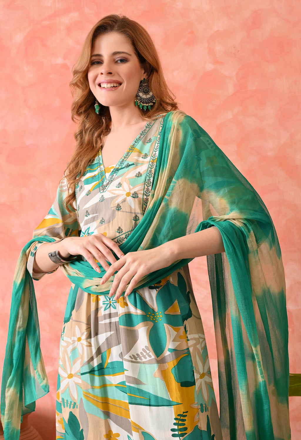 Women’s  Floral Printed Rama Kurta Set with Pants and Dupatta – 3-Piece Ethnic Wear Suit