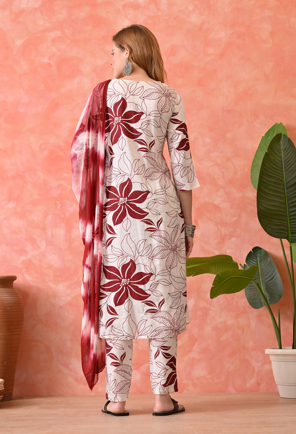 Women’s  Floral Printed Maroon Kurta Set with Pants and Dupatta – 3-Piece Ethnic Wear Suit