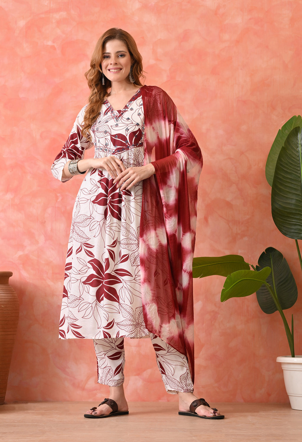Women’s  Floral Printed Maroon Kurta Set with Pants and Dupatta – 3-Piece Ethnic Wear Suit