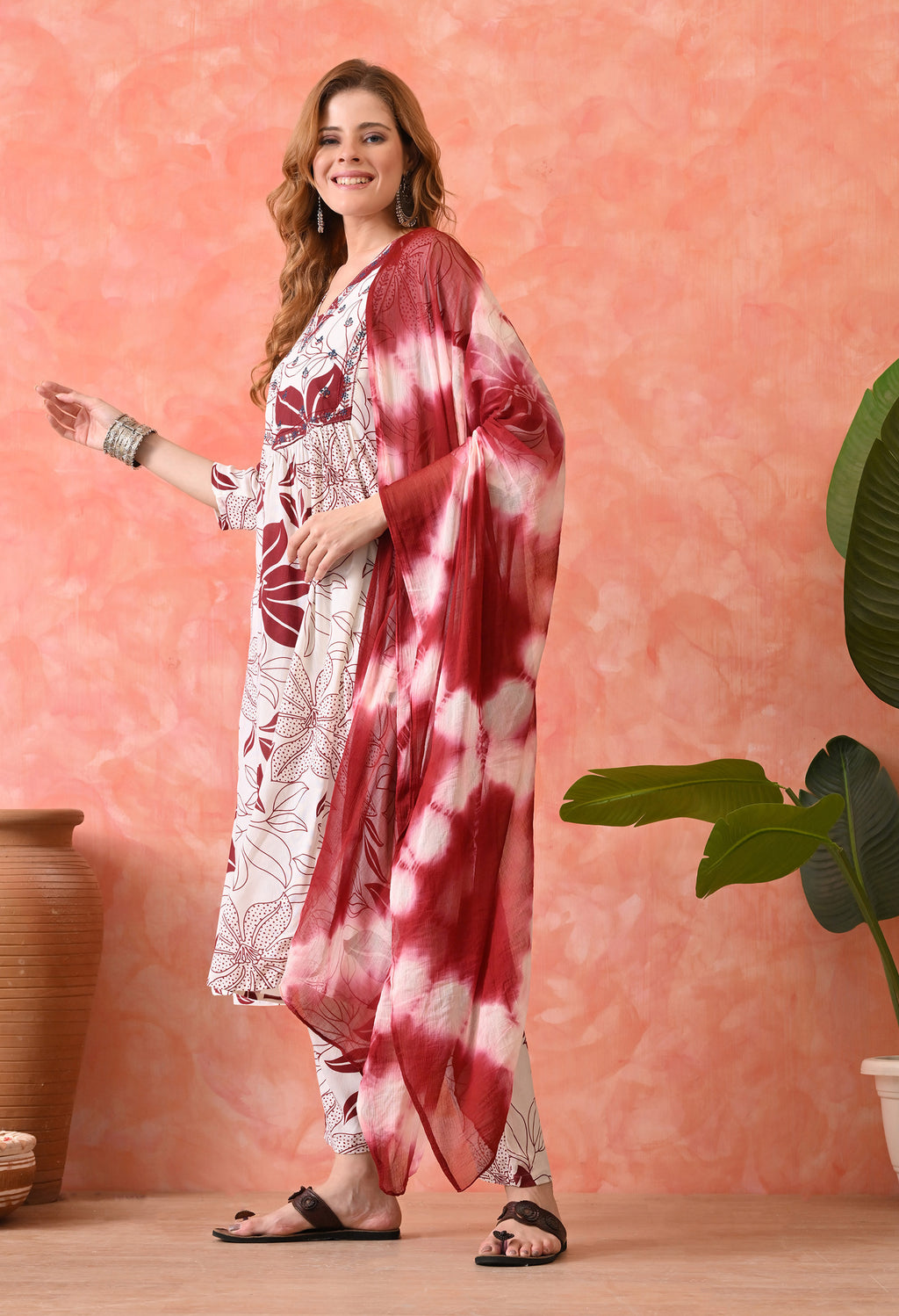 Women’s  Floral Printed Maroon Kurta Set with Pants and Dupatta – 3-Piece Ethnic Wear Suit
