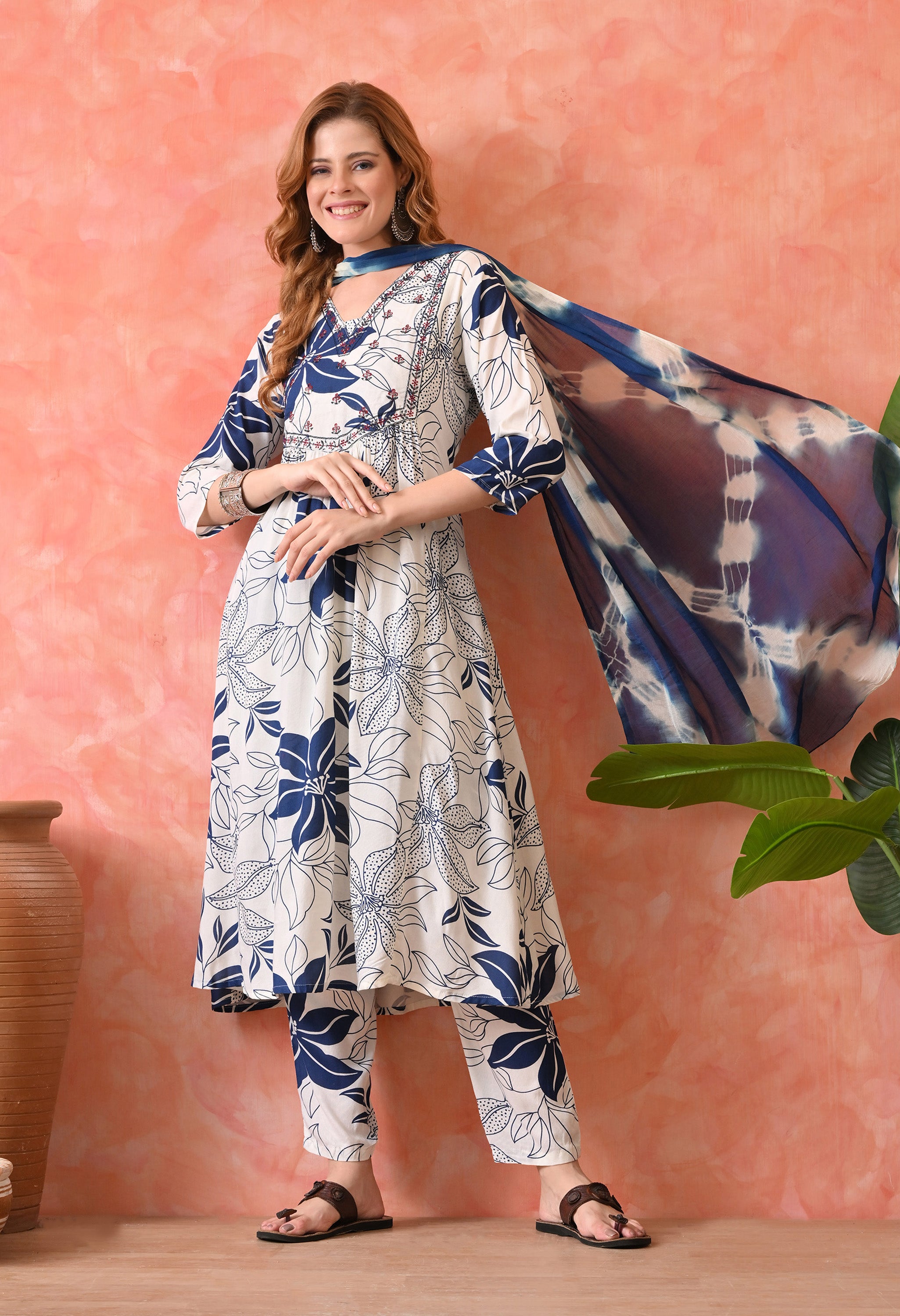 Women’s  Floral Printed Navy Blue Kurta Set with Pants and Dupatta – 3-Piece Ethnic Wear Suit