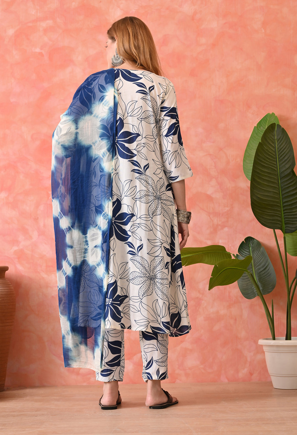 Women’s  Floral Printed Navy Blue Kurta Set with Pants and Dupatta – 3-Piece Ethnic Wear Suit