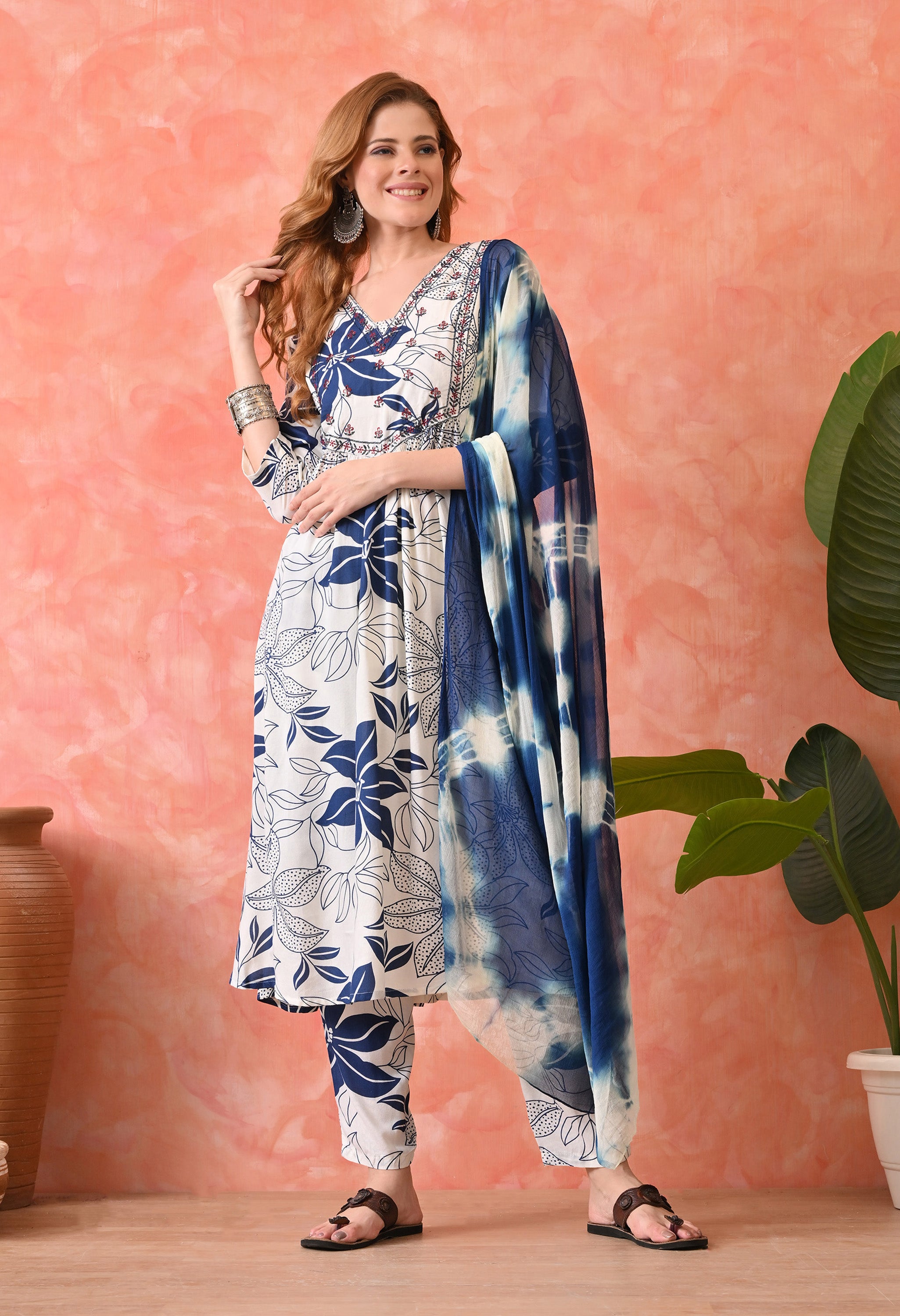 Women’s  Floral Printed Navy Blue Kurta Set with Pants and Dupatta – 3-Piece Ethnic Wear Suit