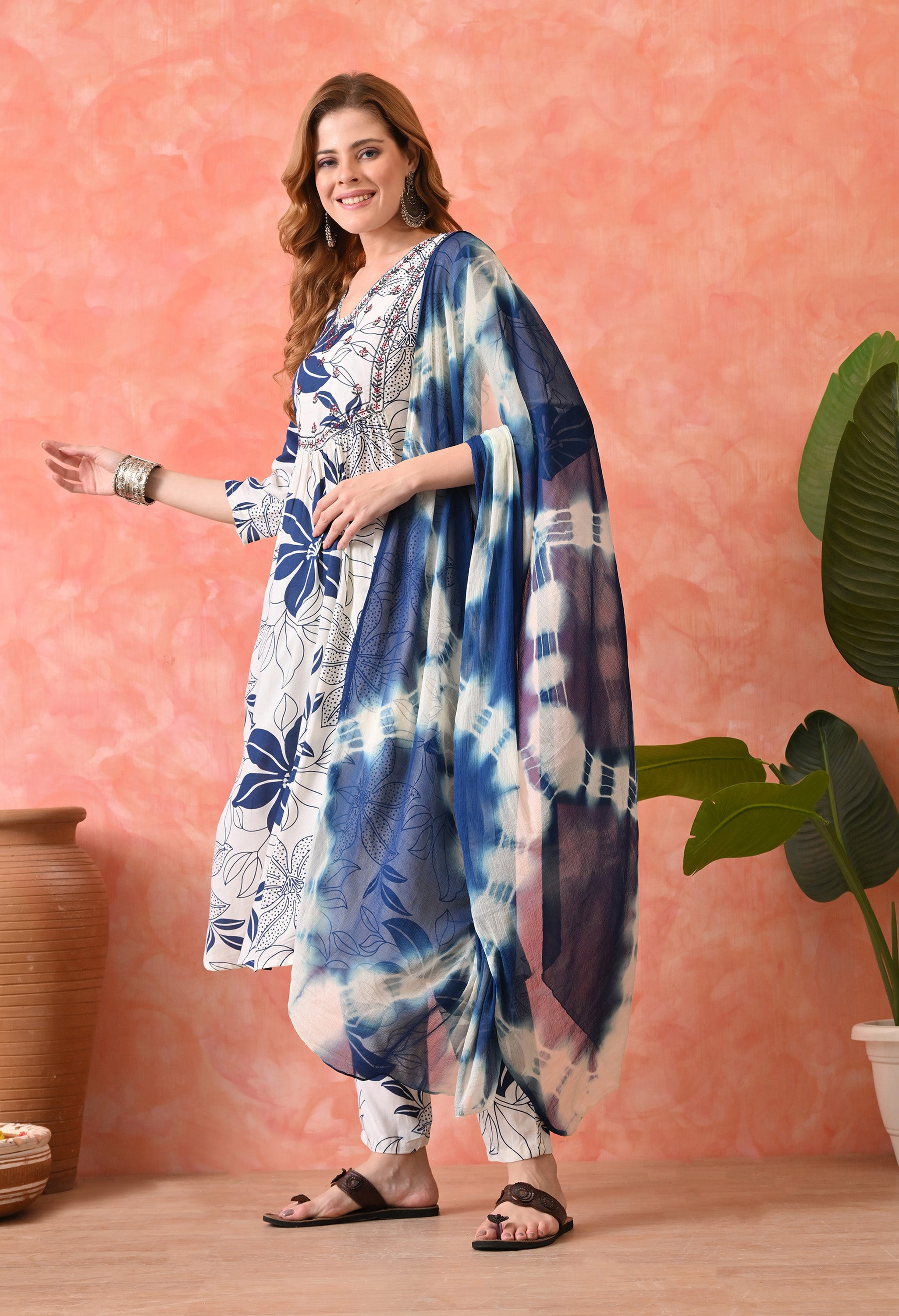 Women’s  Floral Printed Navy Blue Kurta Set with Pants and Dupatta – 3-Piece Ethnic Wear Suit