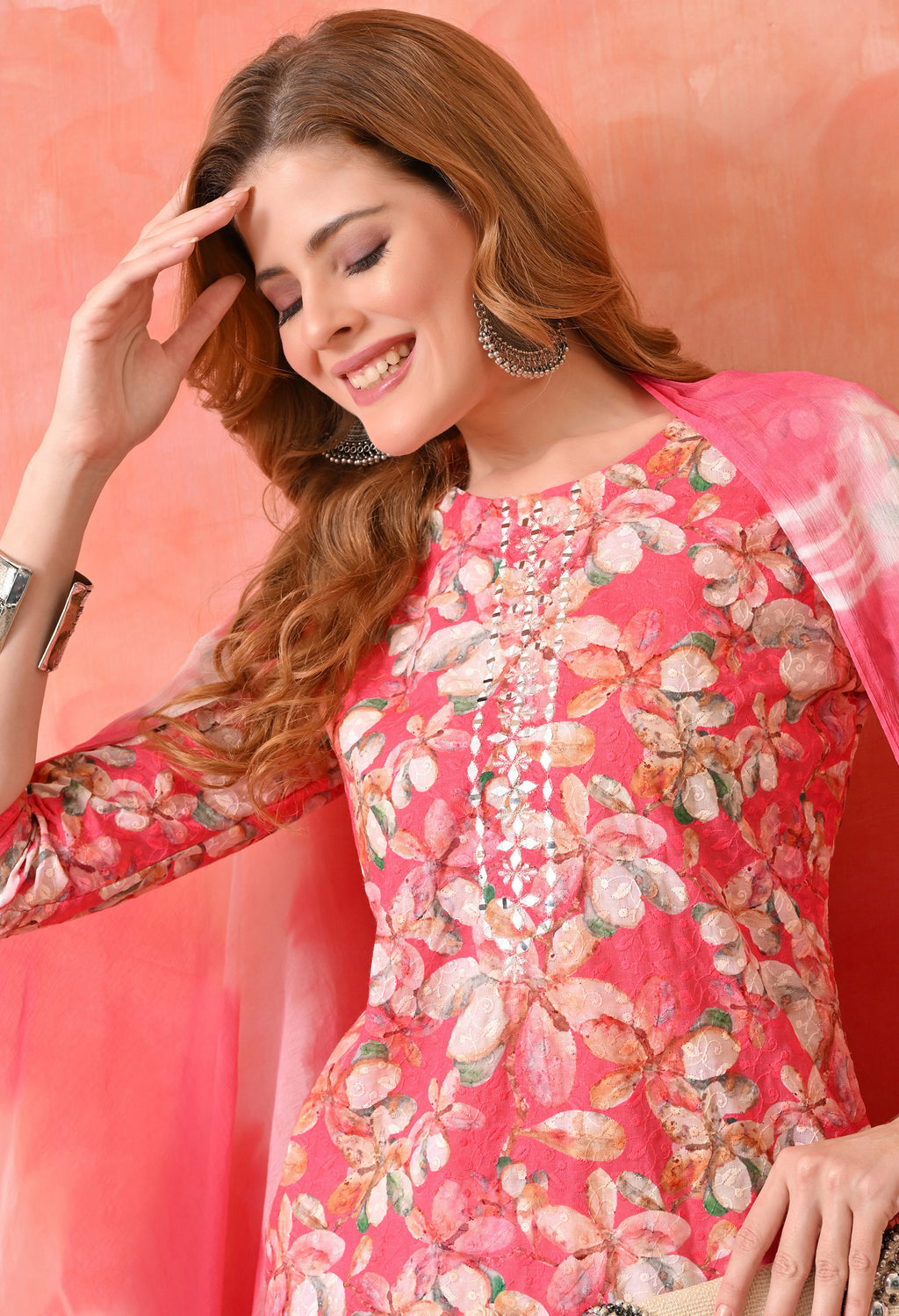 Women’s Chikankari Embroidered Gajri Kurti with Cotton 60×60 Pant and Dupatta – 3-Piece Ethnic Wear Set