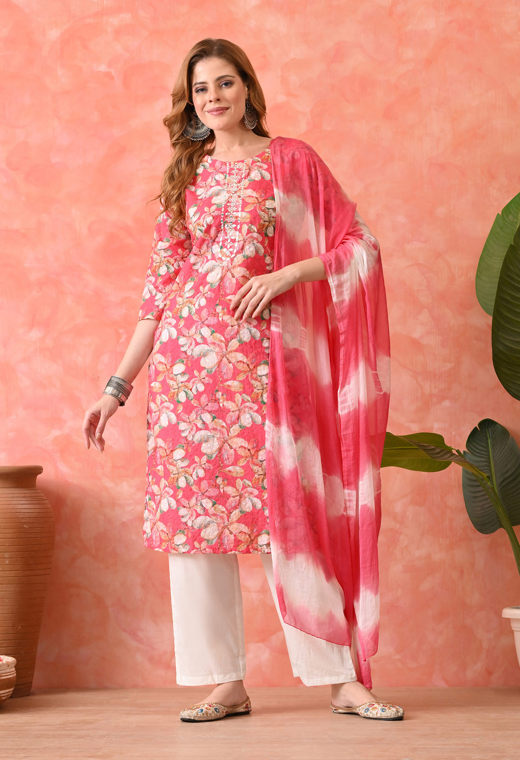 Women’s Chikankari Embroidered Gajri Kurti with Cotton 60×60 Pant and Dupatta – 3-Piece Ethnic Wear Set