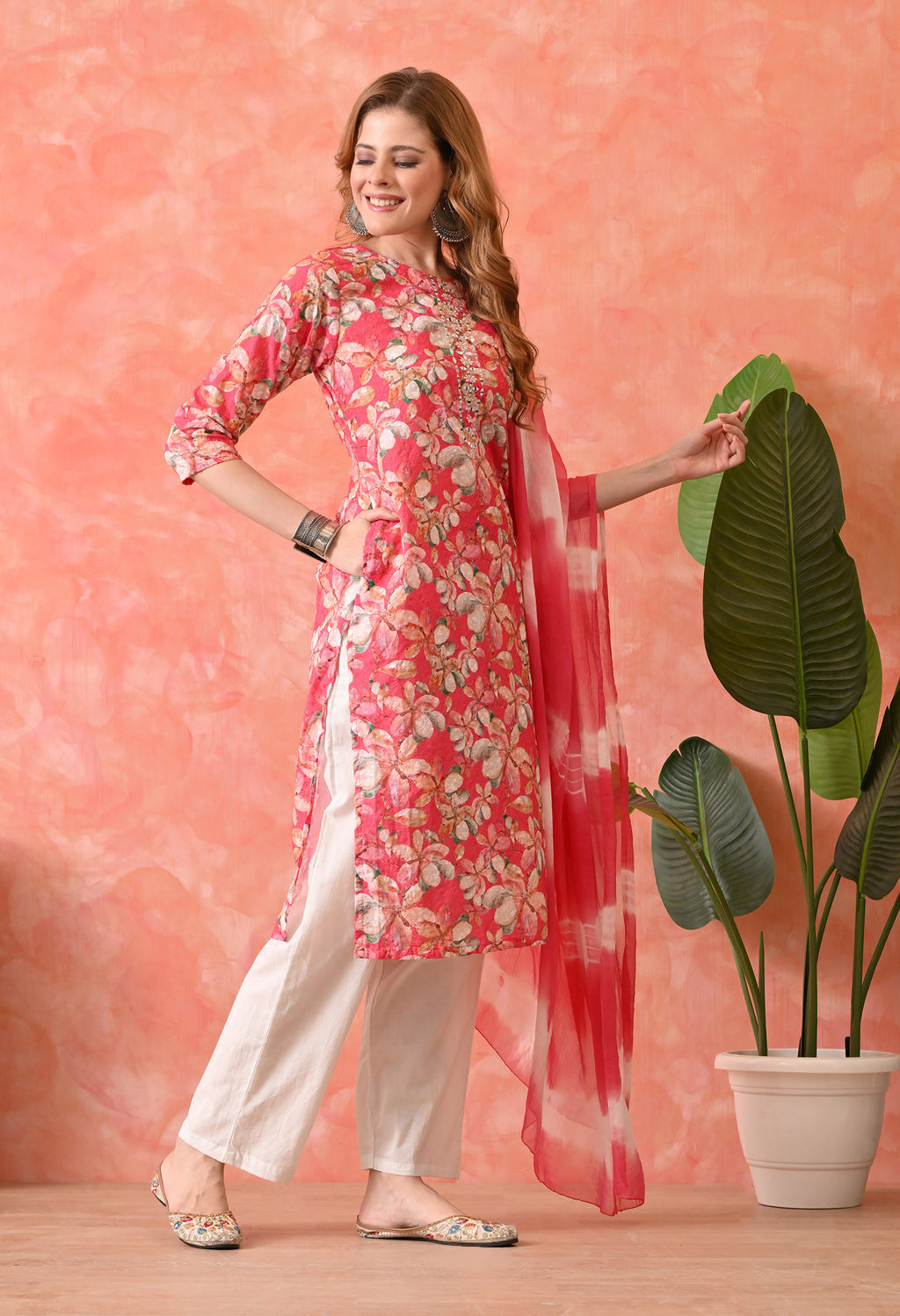 Women’s Chikankari Embroidered Gajri Kurti with Cotton 60×60 Pant and Dupatta – 3-Piece Ethnic Wear Set