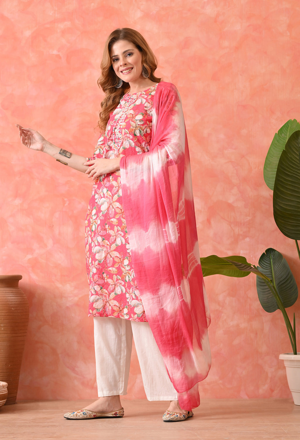 Women’s Chikankari Embroidered Gajri Kurti with Cotton 60×60 Pant and Dupatta – 3-Piece Ethnic Wear Set