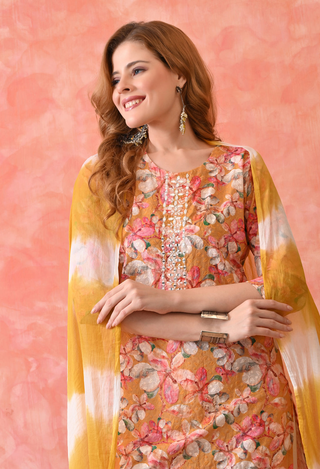 Women’s Chikankari Embroidered Yellow Kurti with Cotton 60×60 Pant and Dupatta – 3-Piece Ethnic Wear Set