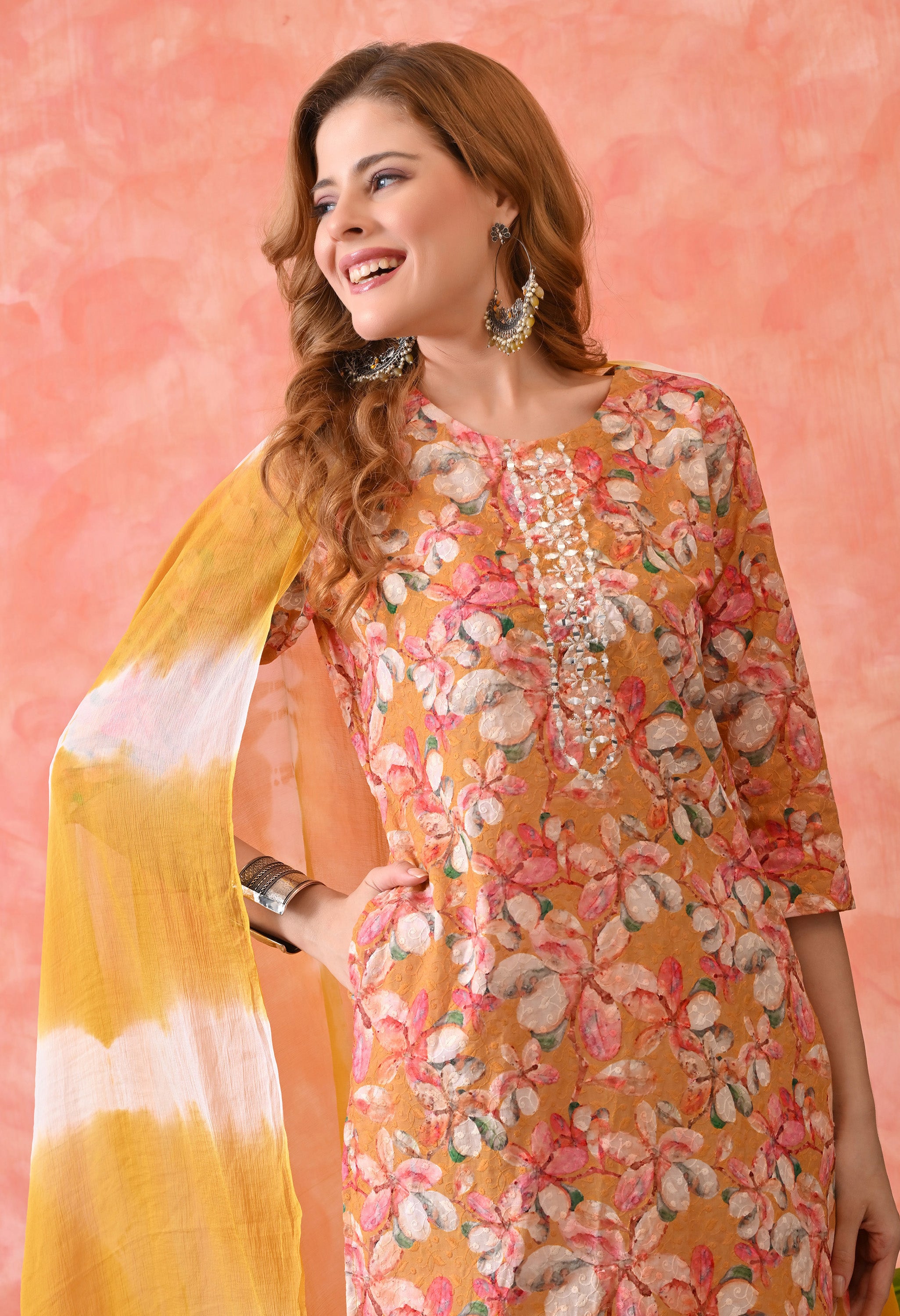 Women’s Chikankari Embroidered Yellow Kurti with Cotton 60×60 Pant and Dupatta – 3-Piece Ethnic Wear Set