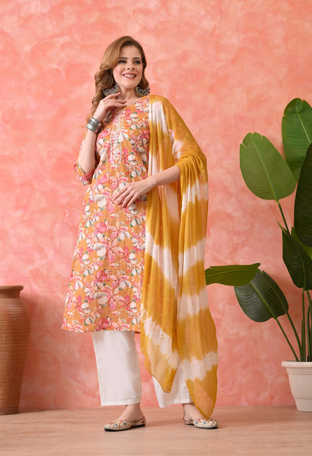 Women’s Chikankari Embroidered Yellow Kurti with Cotton 60×60 Pant and Dupatta – 3-Piece Ethnic Wear Set