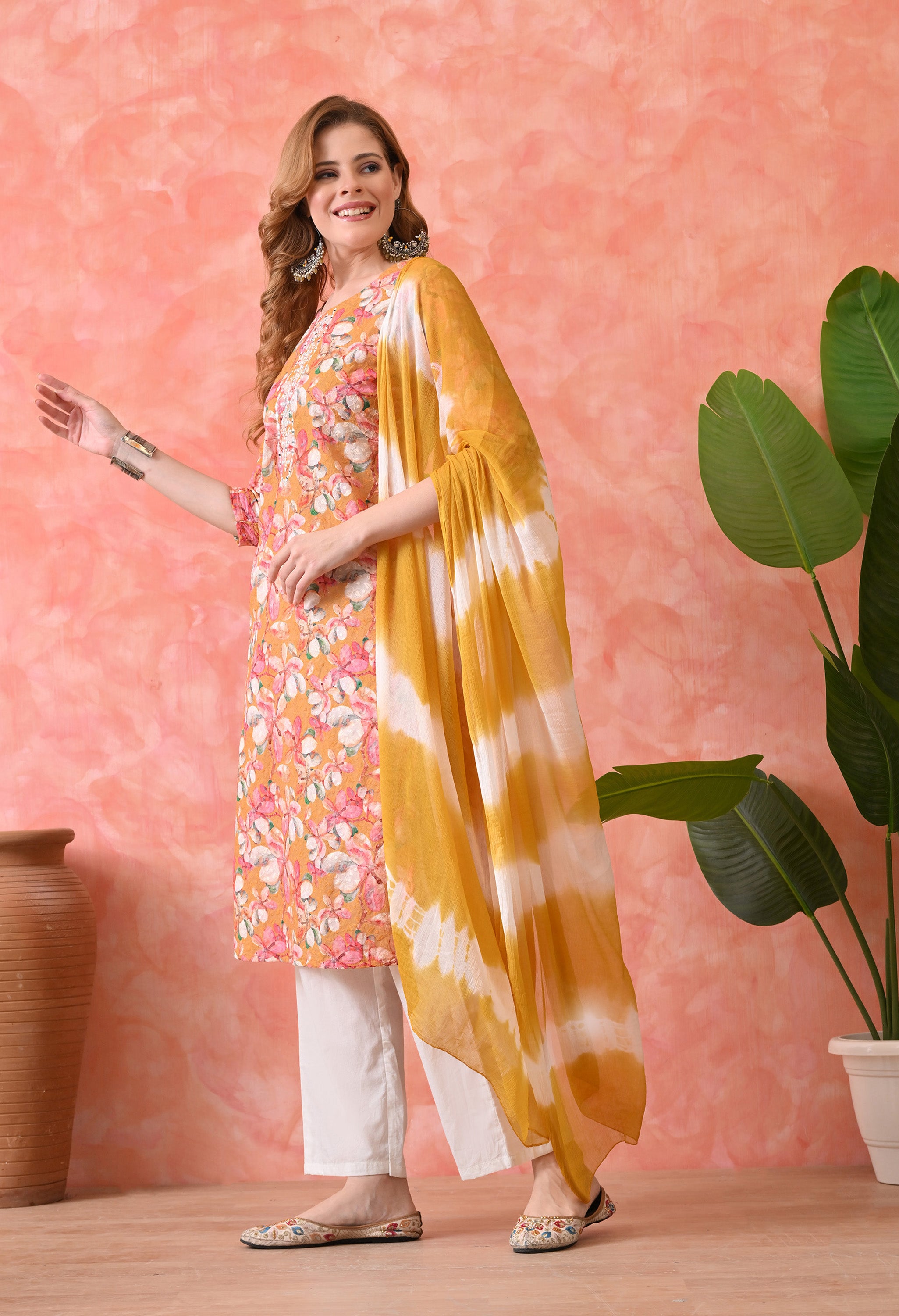 Women’s Chikankari Embroidered Yellow Kurti with Cotton 60×60 Pant and Dupatta – 3-Piece Ethnic Wear Set