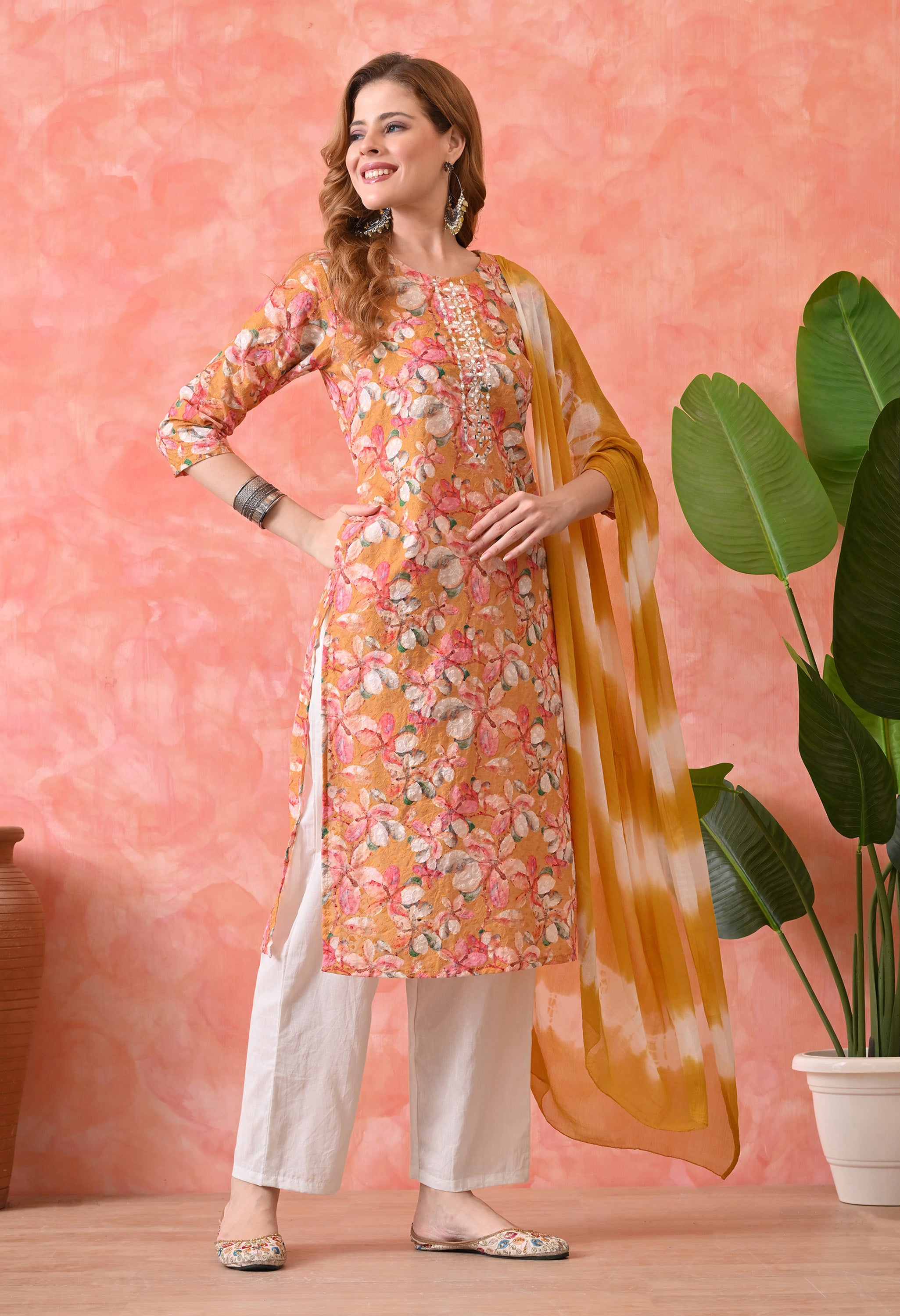 Women’s Chikankari Embroidered Yellow Kurti with Cotton 60×60 Pant and Dupatta – 3-Piece Ethnic Wear Set