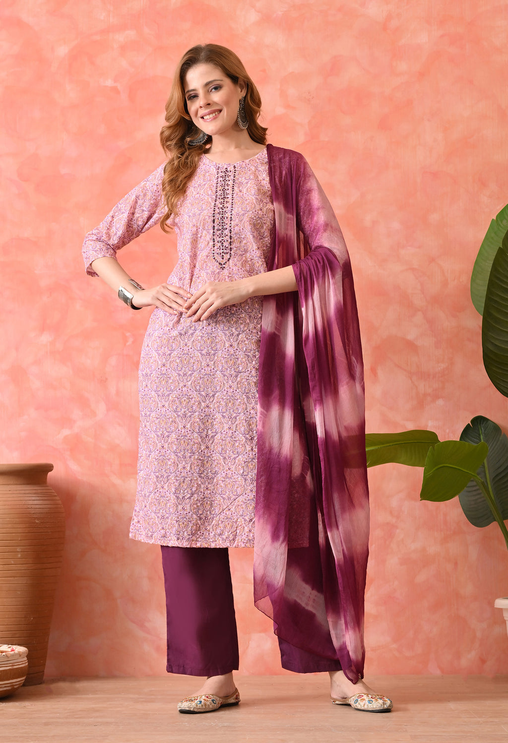 Women’s Chikankari Embroidered Pink Kurti with Cotton 60×60 Pant and Dupatta – 3-Piece Ethnic Wear Set