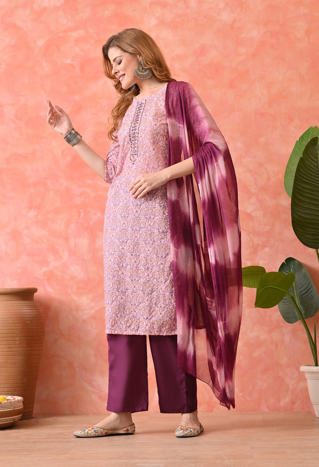 Women’s Chikankari Embroidered Pink Kurti with Cotton 60×60 Pant and Dupatta – 3-Piece Ethnic Wear Set
