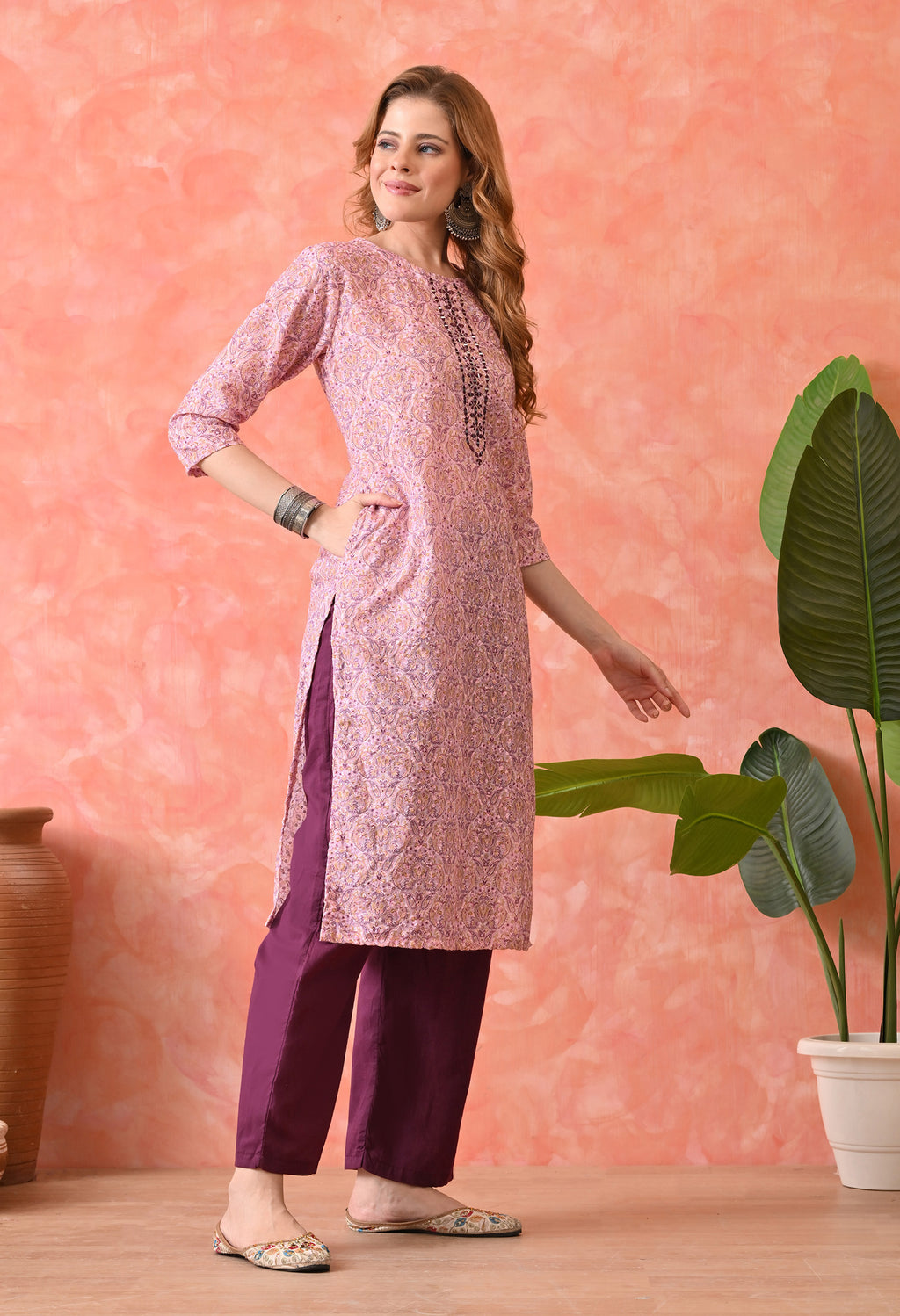 Women’s Chikankari Embroidered Pink Kurti with Cotton 60×60 Pant and Dupatta – 3-Piece Ethnic Wear Set