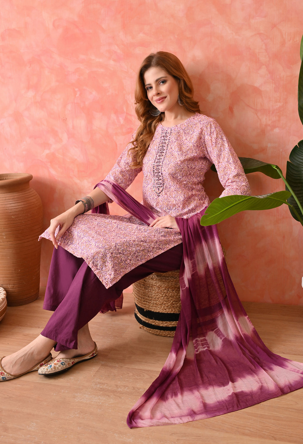 Women’s Chikankari Embroidered Pink Kurti with Cotton 60×60 Pant and Dupatta – 3-Piece Ethnic Wear Set