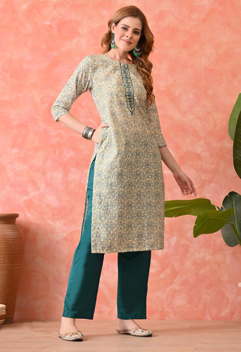 Women’s Chikankari Embroidered Rama Kurti with Cotton 60×60 Pant and Dupatta – 3-Piece Ethnic Wear Set