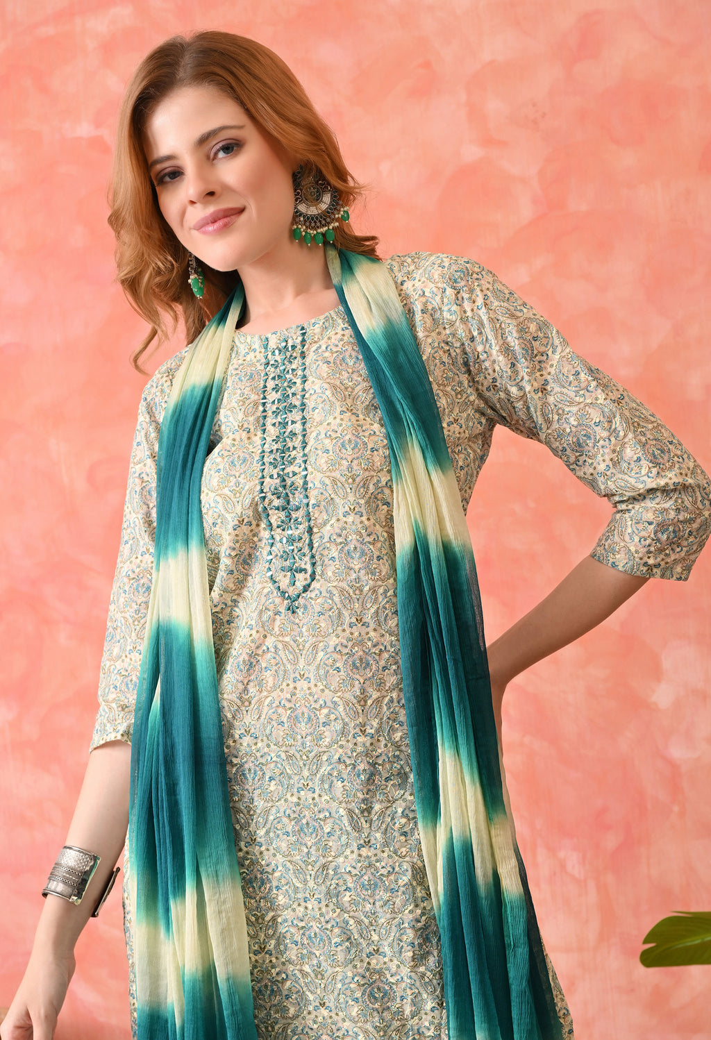 Women’s Chikankari Embroidered Rama Kurti with Cotton 60×60 Pant and Dupatta – 3-Piece Ethnic Wear Set