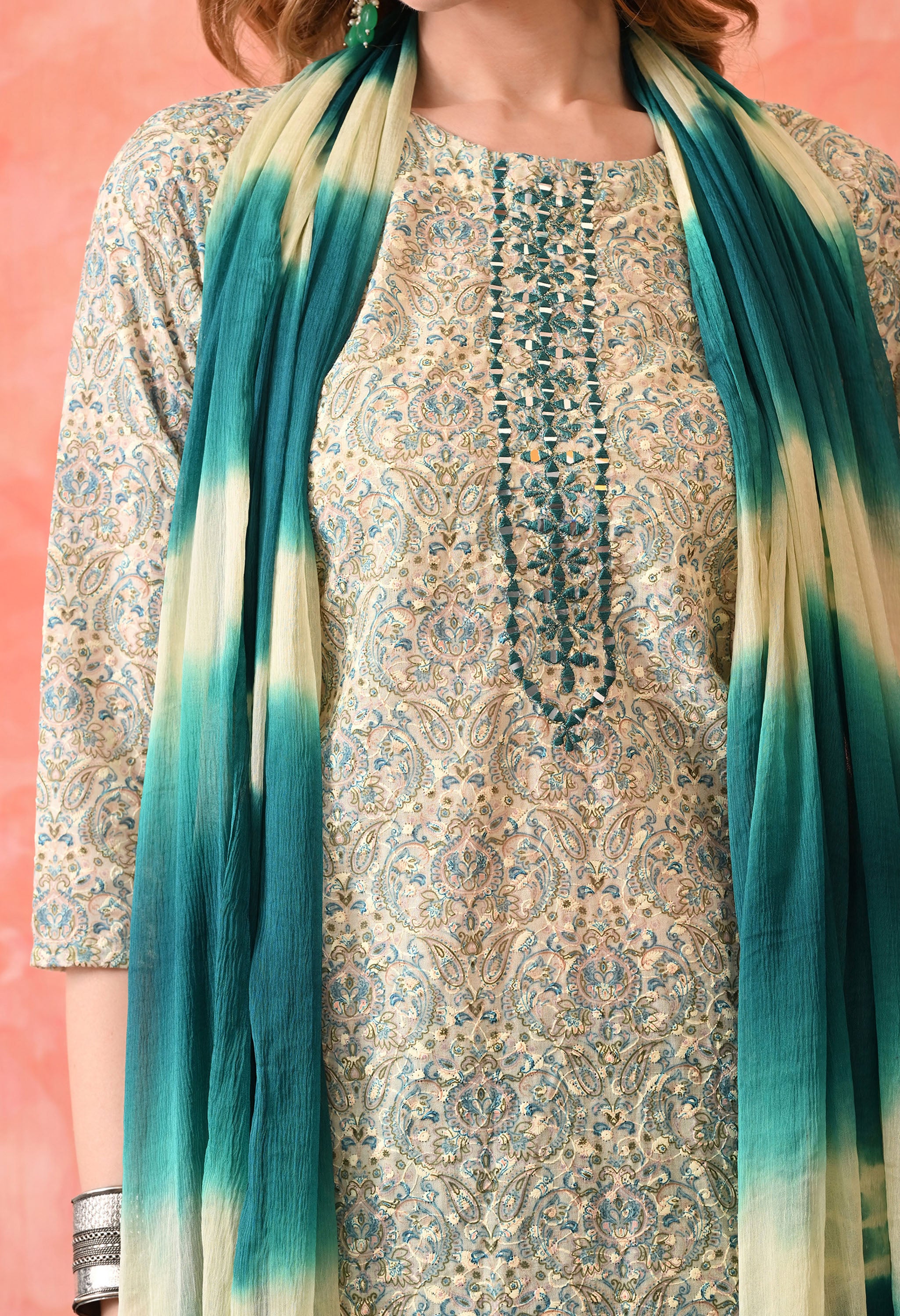 Women’s Chikankari Embroidered Rama Kurti with Cotton 60×60 Pant and Dupatta – 3-Piece Ethnic Wear Set