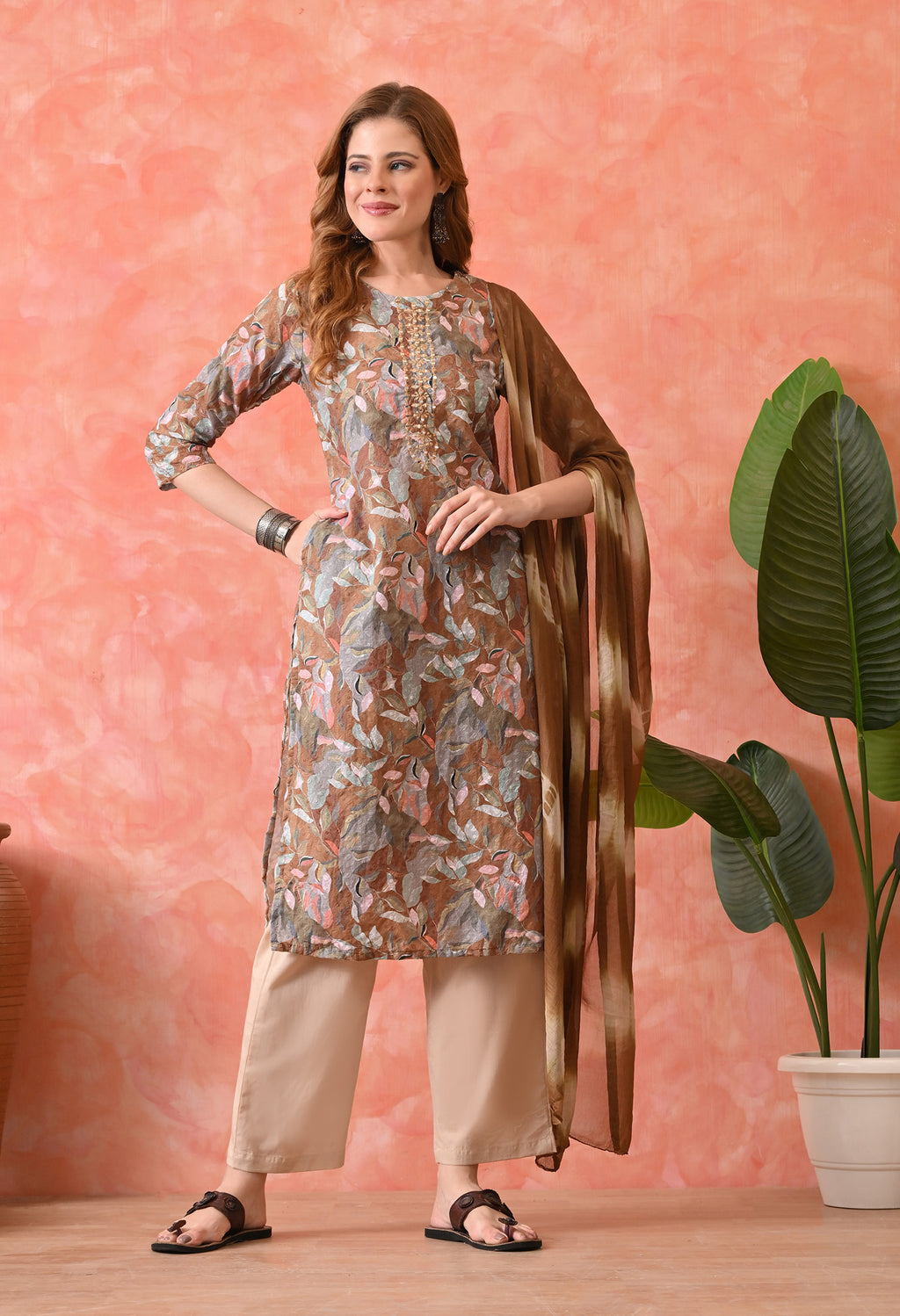 Women’s Chikankari Embroidered Khaki Kurti with Cotton 60×60 Pant and Dupatta – 3-Piece Ethnic Wear Set