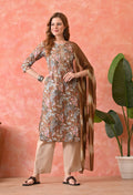 Women’s Chikankari Embroidered Khaki Kurti with Cotton 60×60 Pant and Dupatta – 3-Piece Ethnic Wear Set