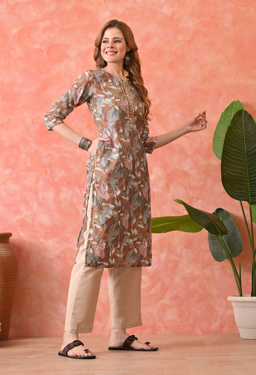 Women’s Chikankari Embroidered Khaki Kurti with Cotton 60×60 Pant and Dupatta – 3-Piece Ethnic Wear Set