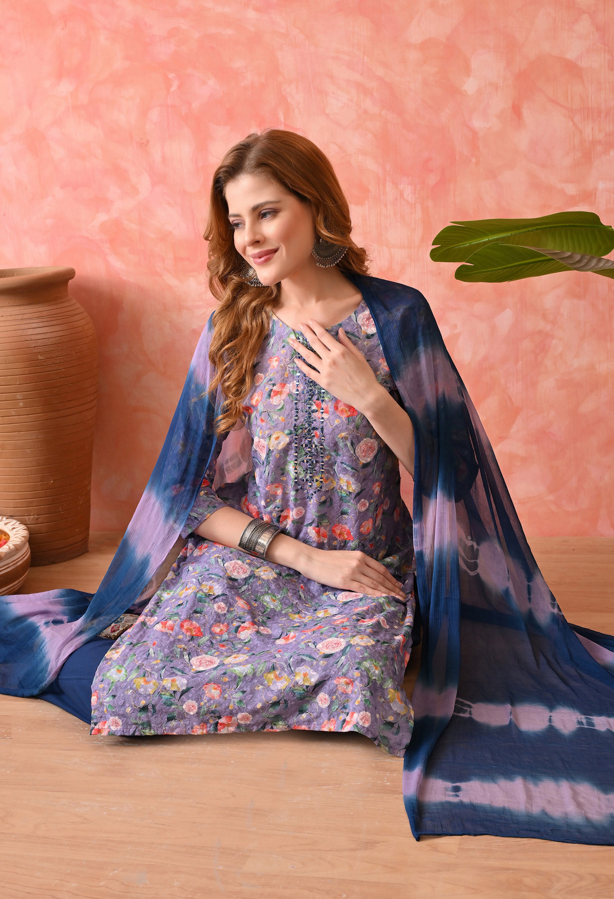 Women’s Chikankari Embroidered D.Purple Kurti with Cotton 60×60 Pant and Dupatta – 3-Piece Ethnic Wear Set