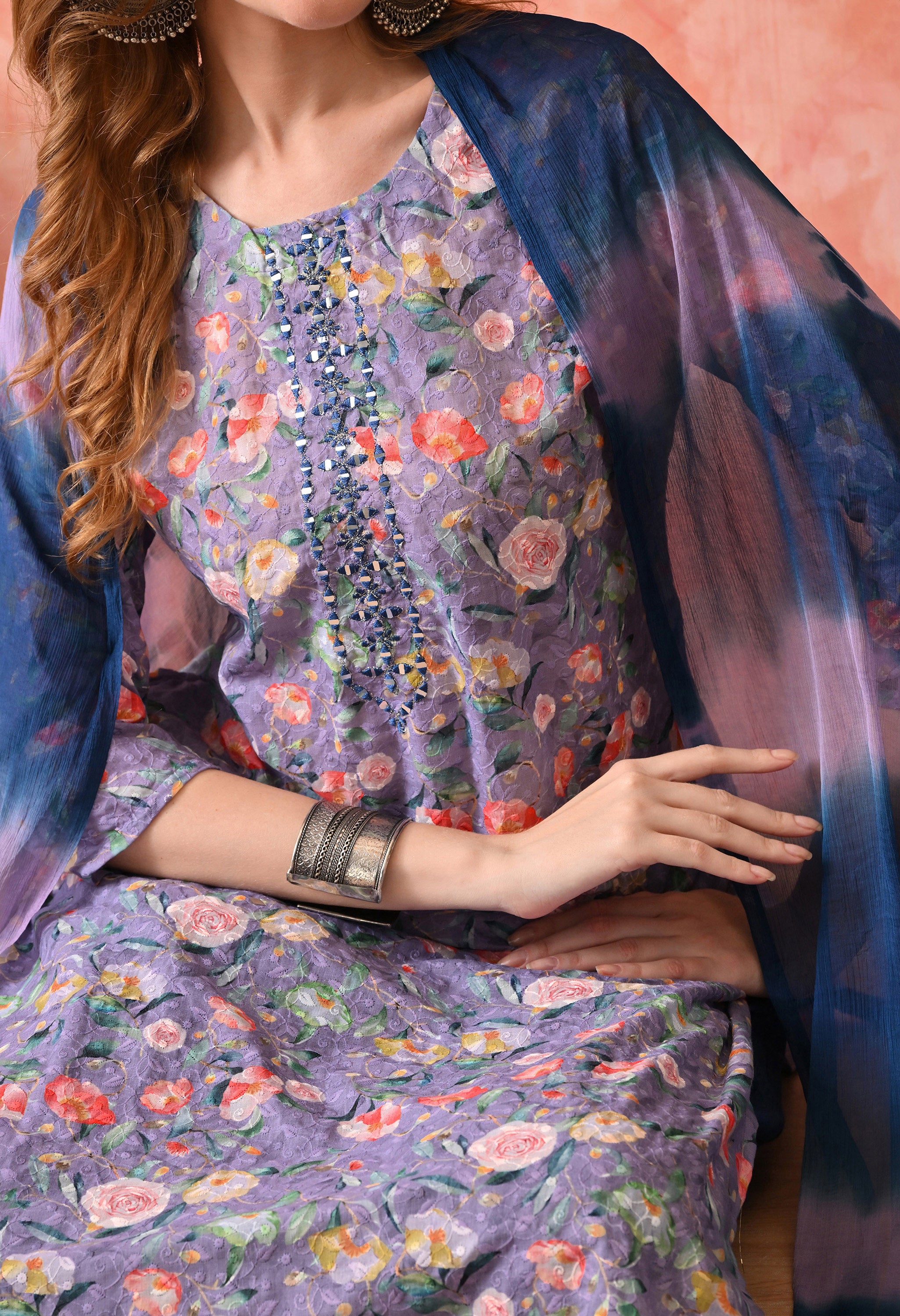 Women’s Chikankari Embroidered D.Purple Kurti with Cotton 60×60 Pant and Dupatta – 3-Piece Ethnic Wear Set