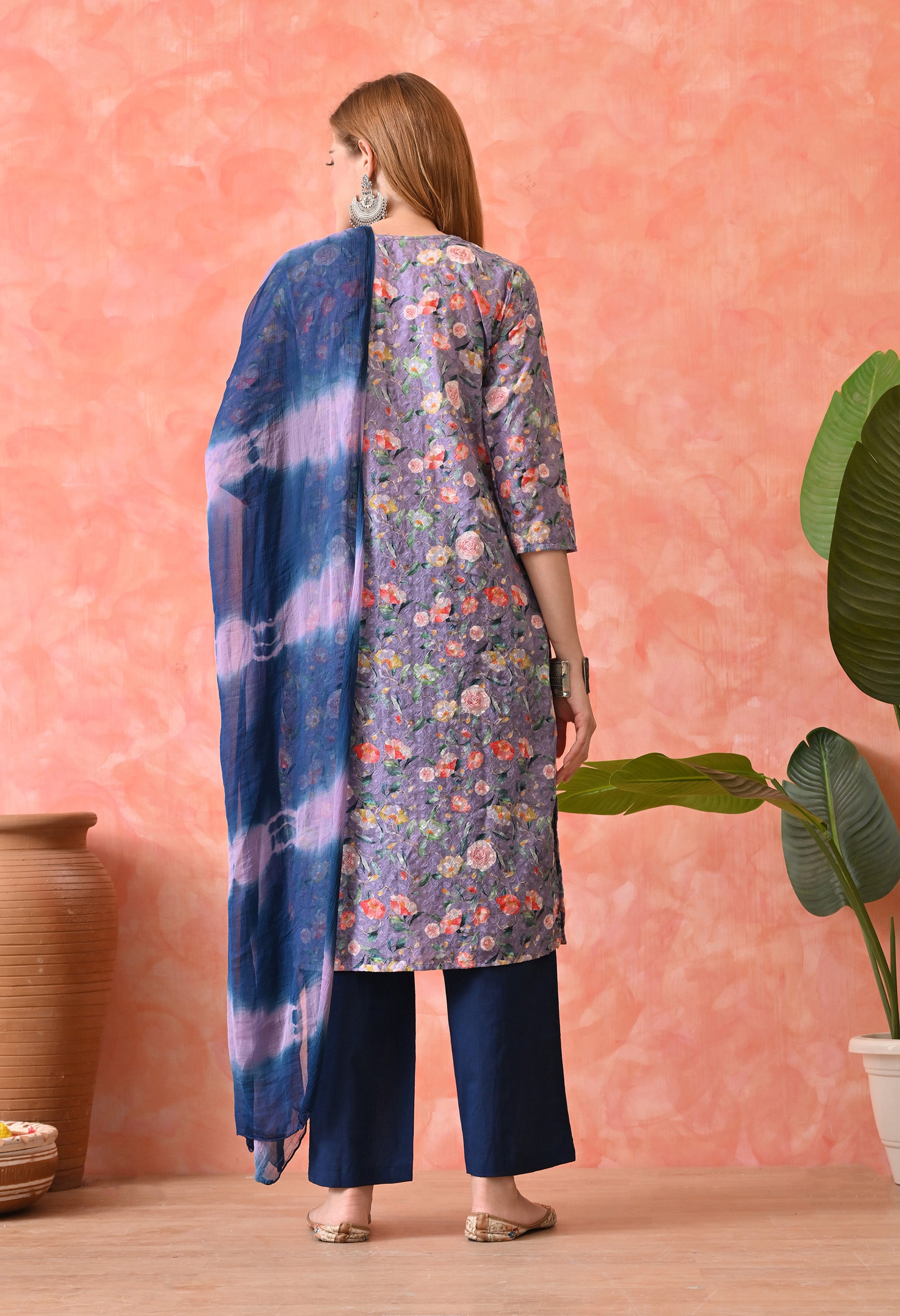 Women’s Chikankari Embroidered D.Purple Kurti with Cotton 60×60 Pant and Dupatta – 3-Piece Ethnic Wear Set