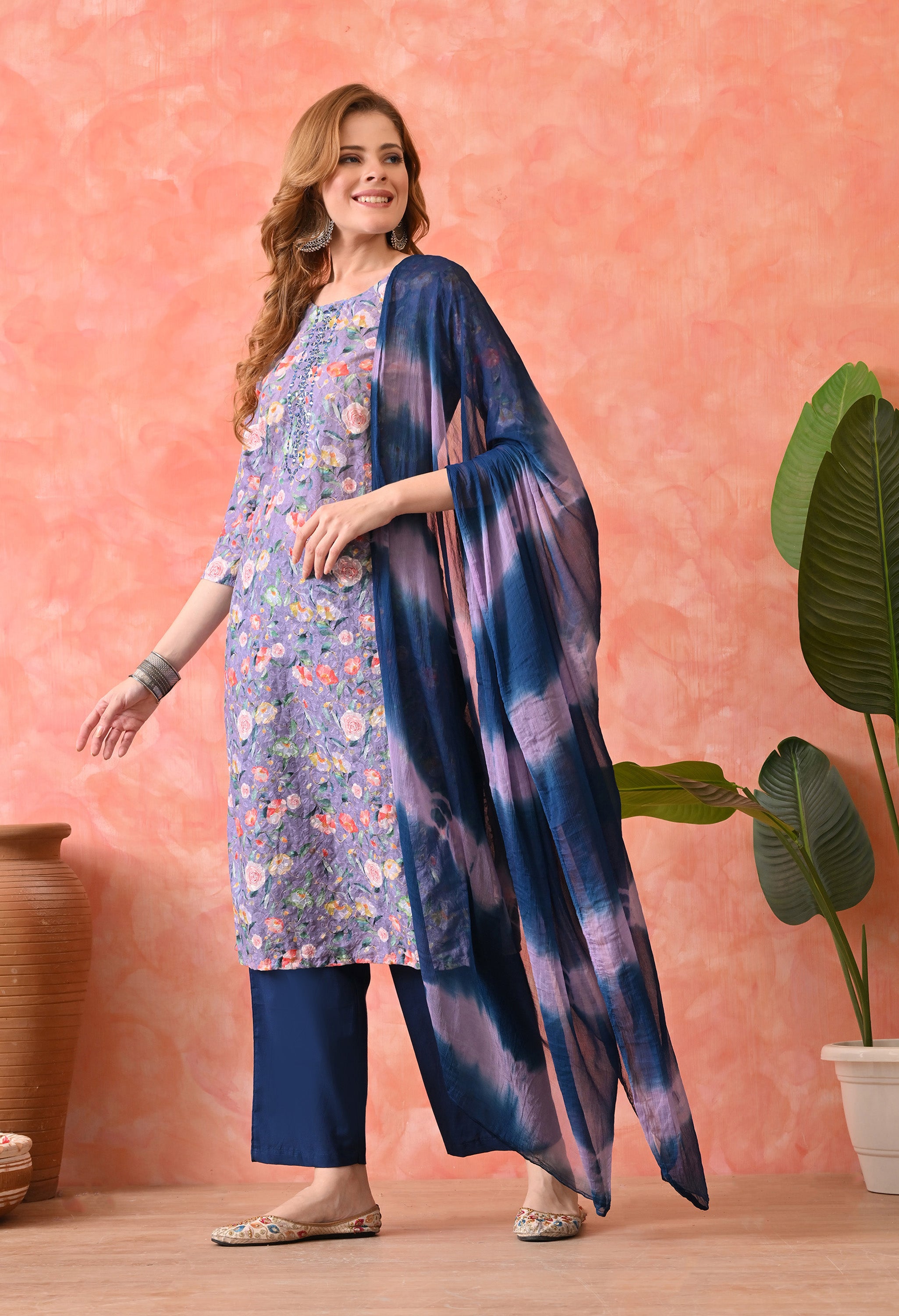 Women’s Chikankari Embroidered D.Purple Kurti with Cotton 60×60 Pant and Dupatta – 3-Piece Ethnic Wear Set