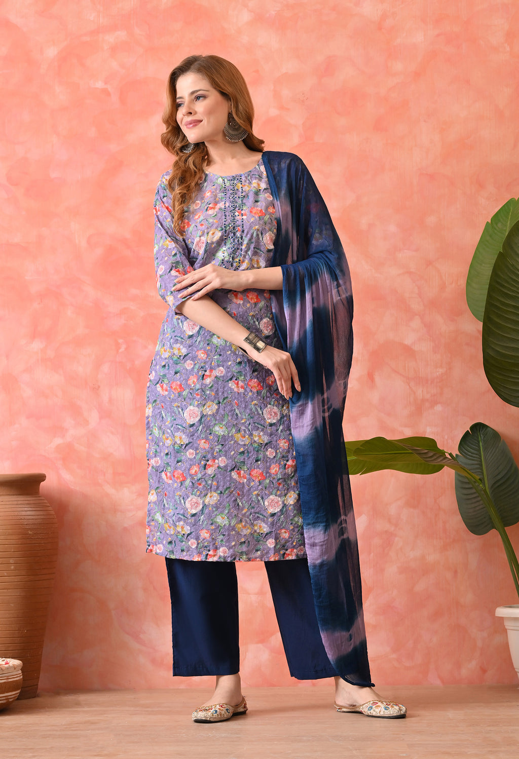 Women’s Chikankari Embroidered D.Purple Kurti with Cotton 60×60 Pant and Dupatta – 3-Piece Ethnic Wear Set